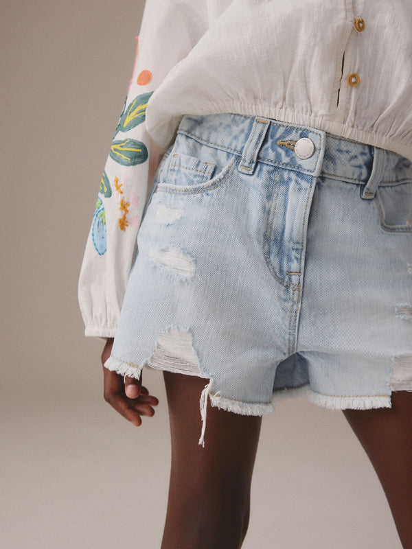 Light Blue 100% Cotton Frayed Edge Distressed Shorts (3-16yrs)