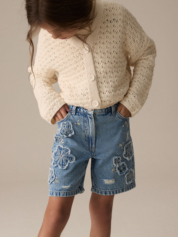 Denim 100% Cotton Denim Crochet Flower Shorts (3-16yrs)