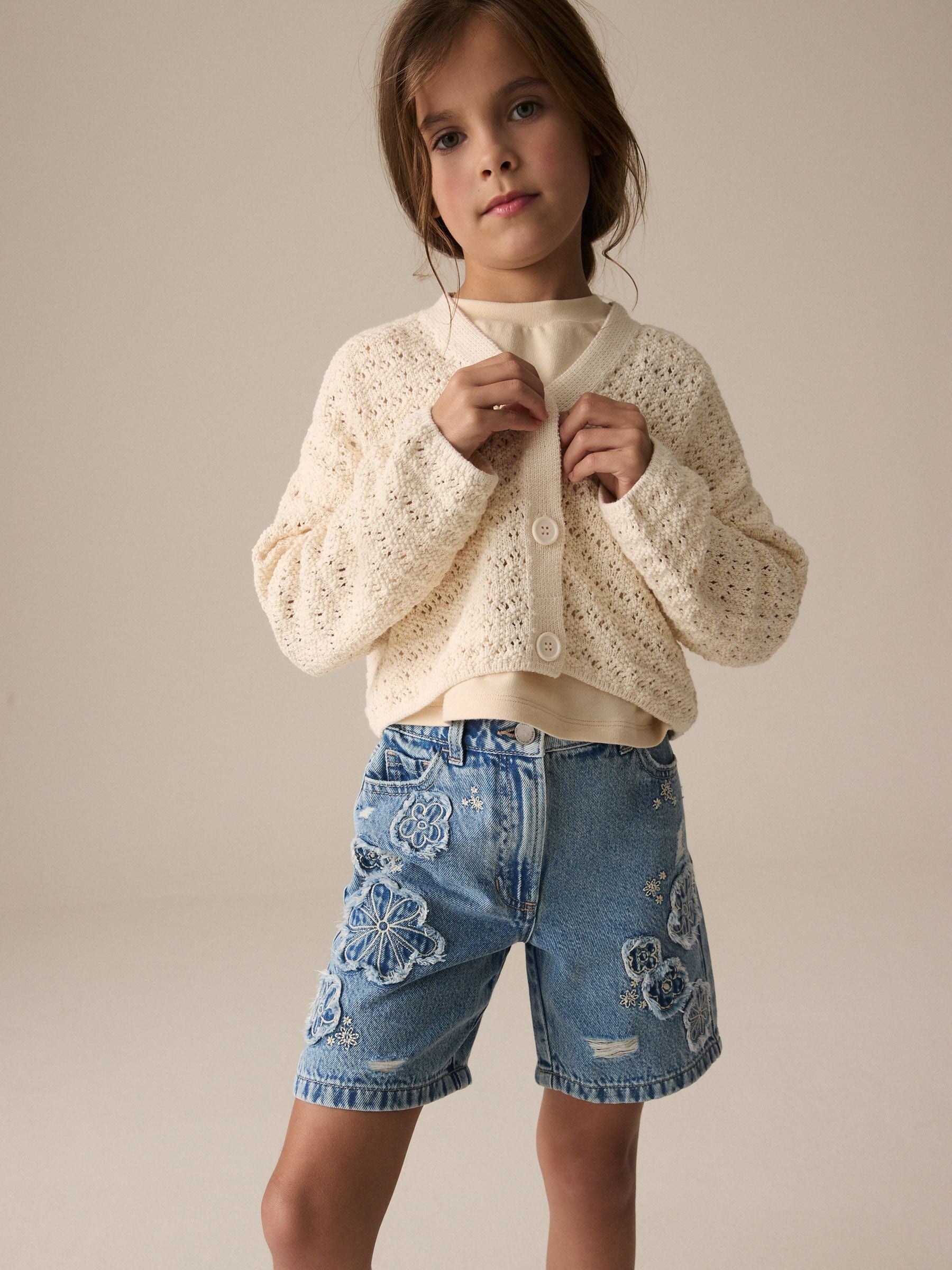 Denim 100% Cotton Denim Crochet Flower Shorts (3-16yrs)