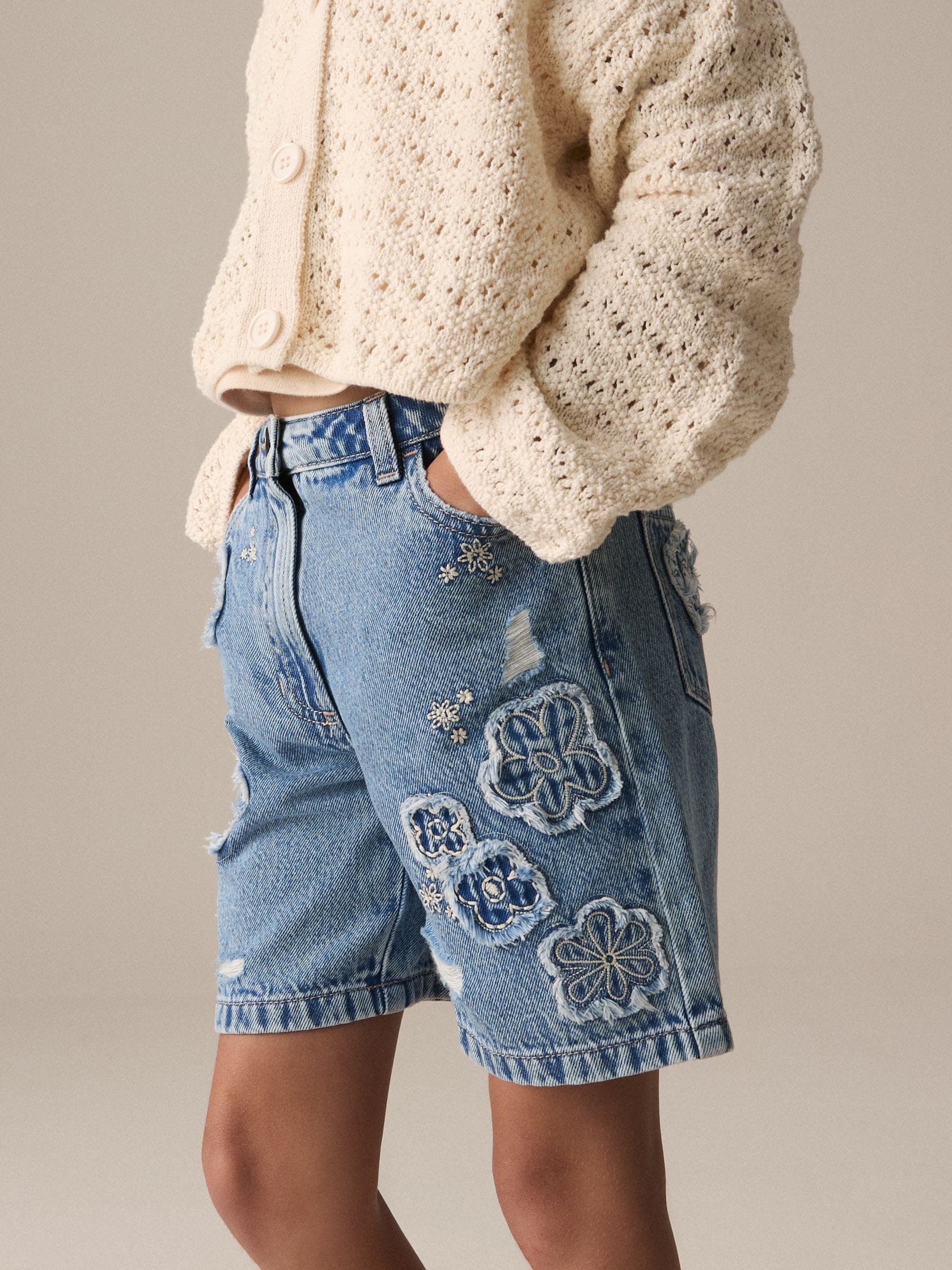 Denim 100% Cotton Denim Crochet Flower Shorts (3-16yrs)