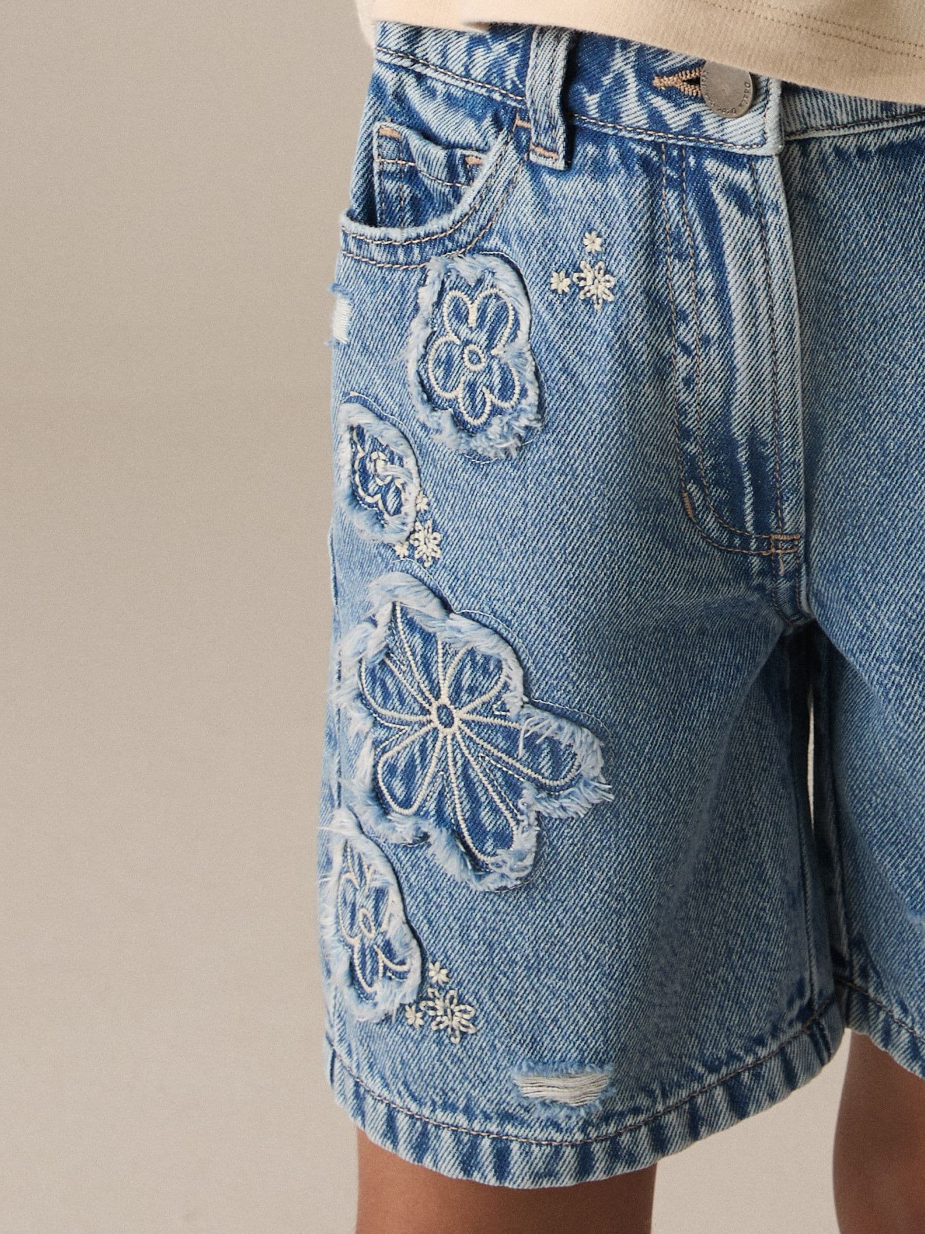 Denim 100% Cotton Denim Crochet Flower Shorts (3-16yrs)