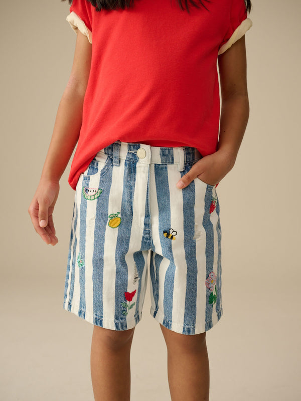 Blue/White 100% Cotton Stripe Denim Shorts (3-16yrs)