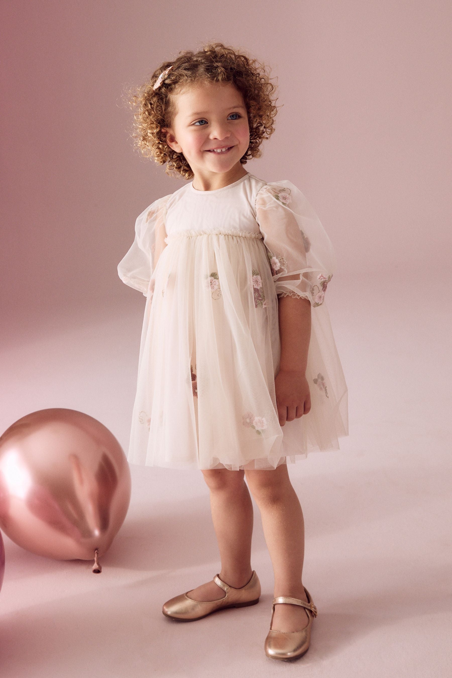 Cream Embroidered Long Sleeve Mesh Dress (3mths-8yrs)