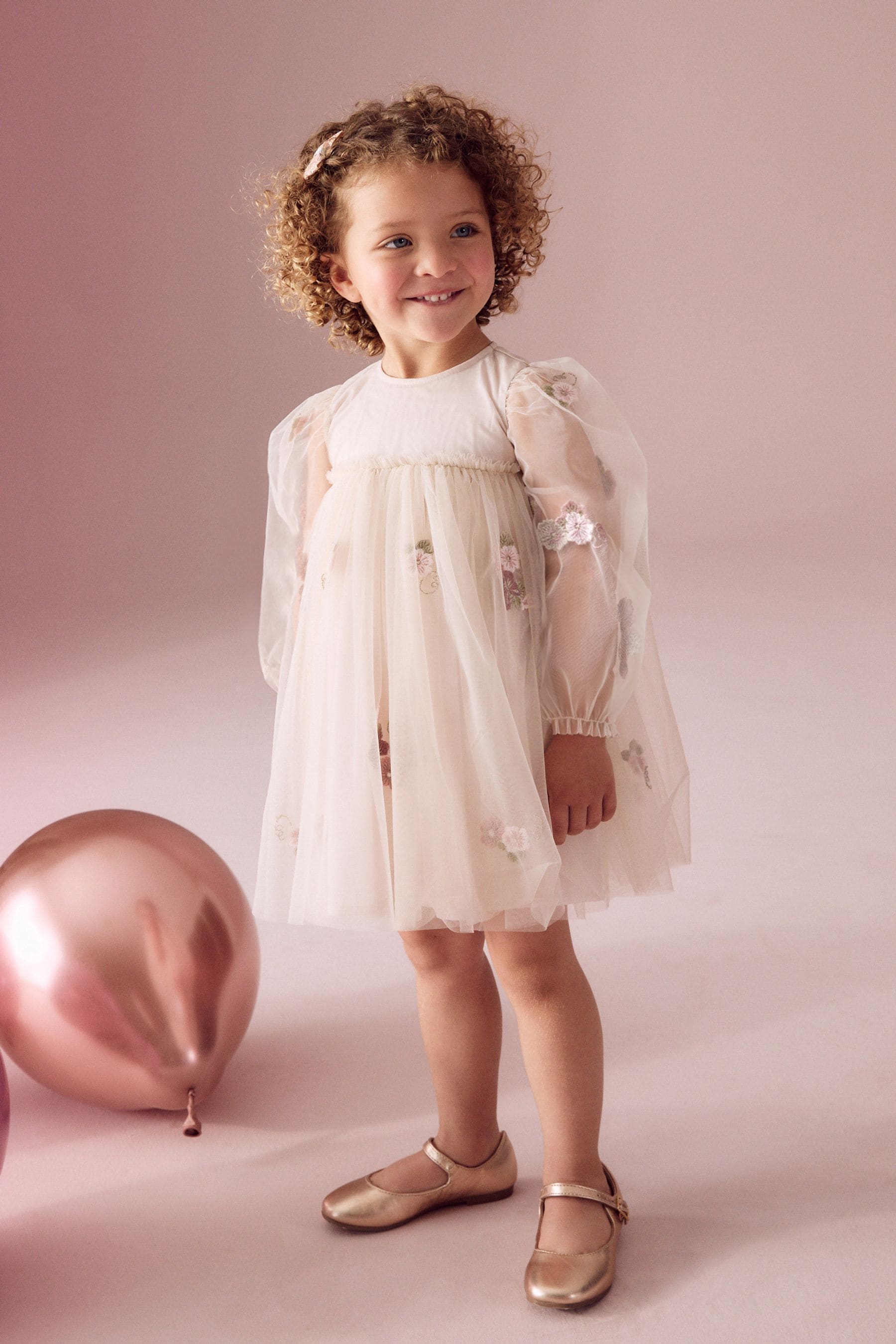 Cream Embroidered Long Sleeve Mesh Dress (3mths-8yrs)