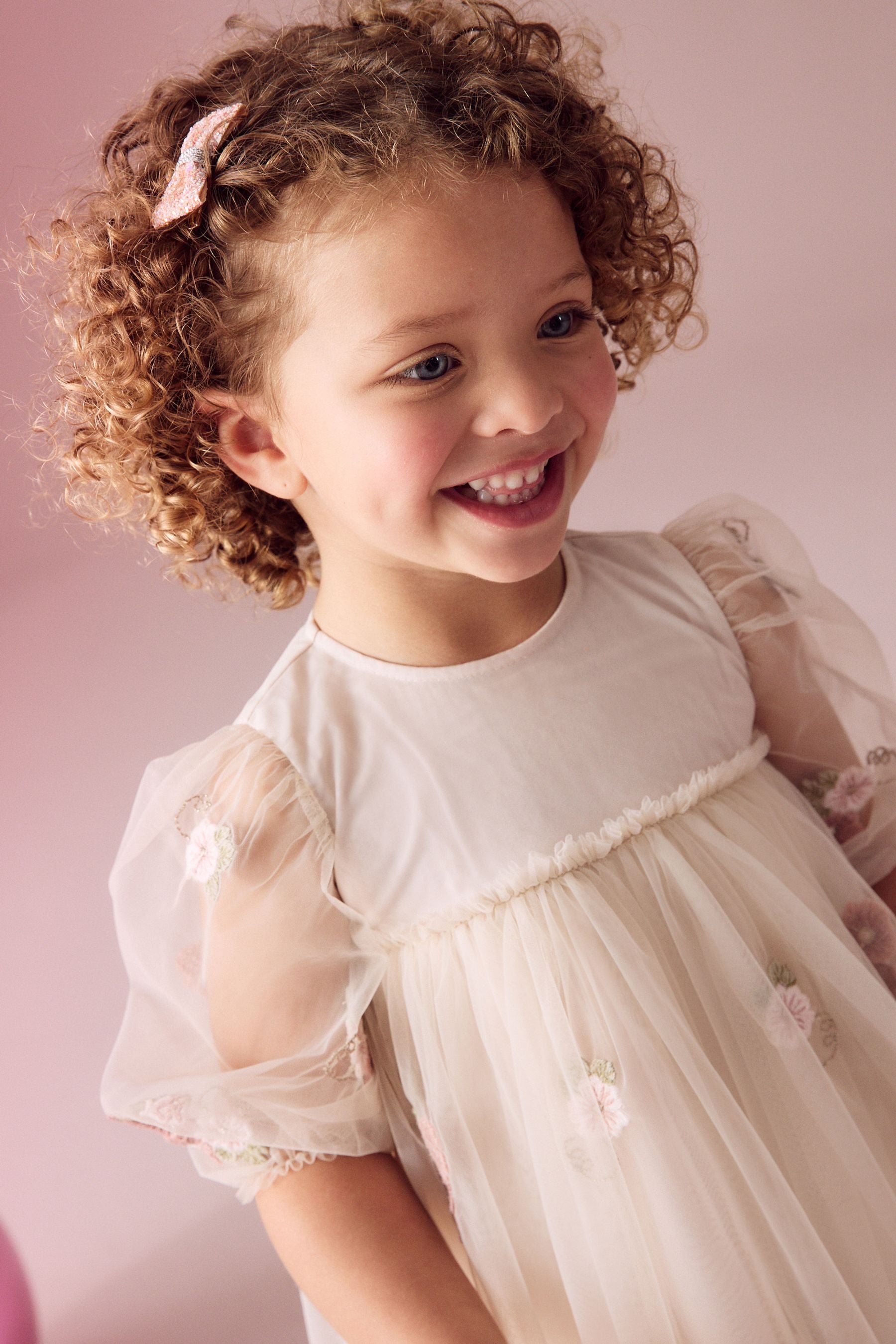 Cream Embroidered Long Sleeve Mesh Dress (3mths-8yrs)