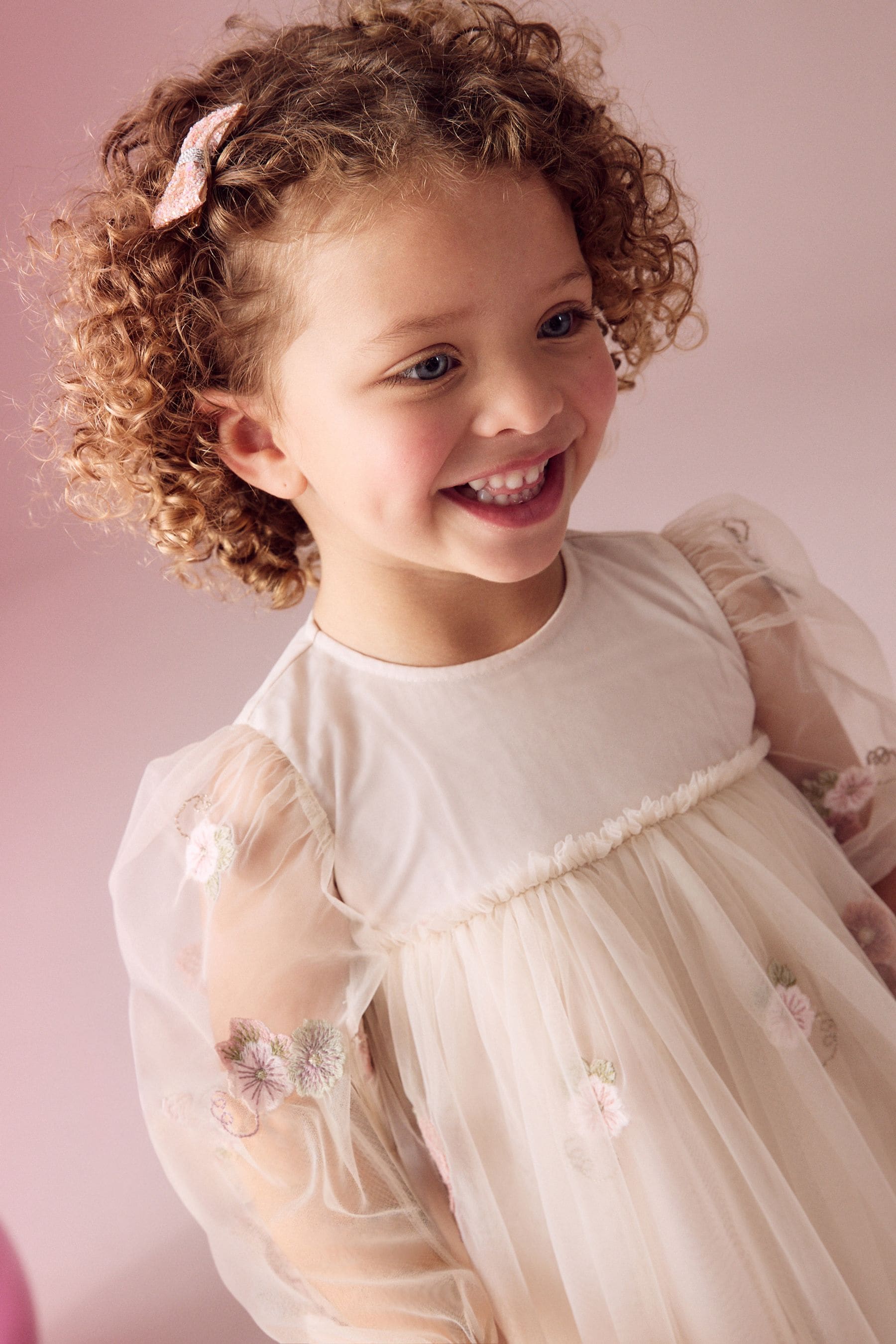 Cream Embroidered Long Sleeve Mesh Dress (3mths-8yrs)