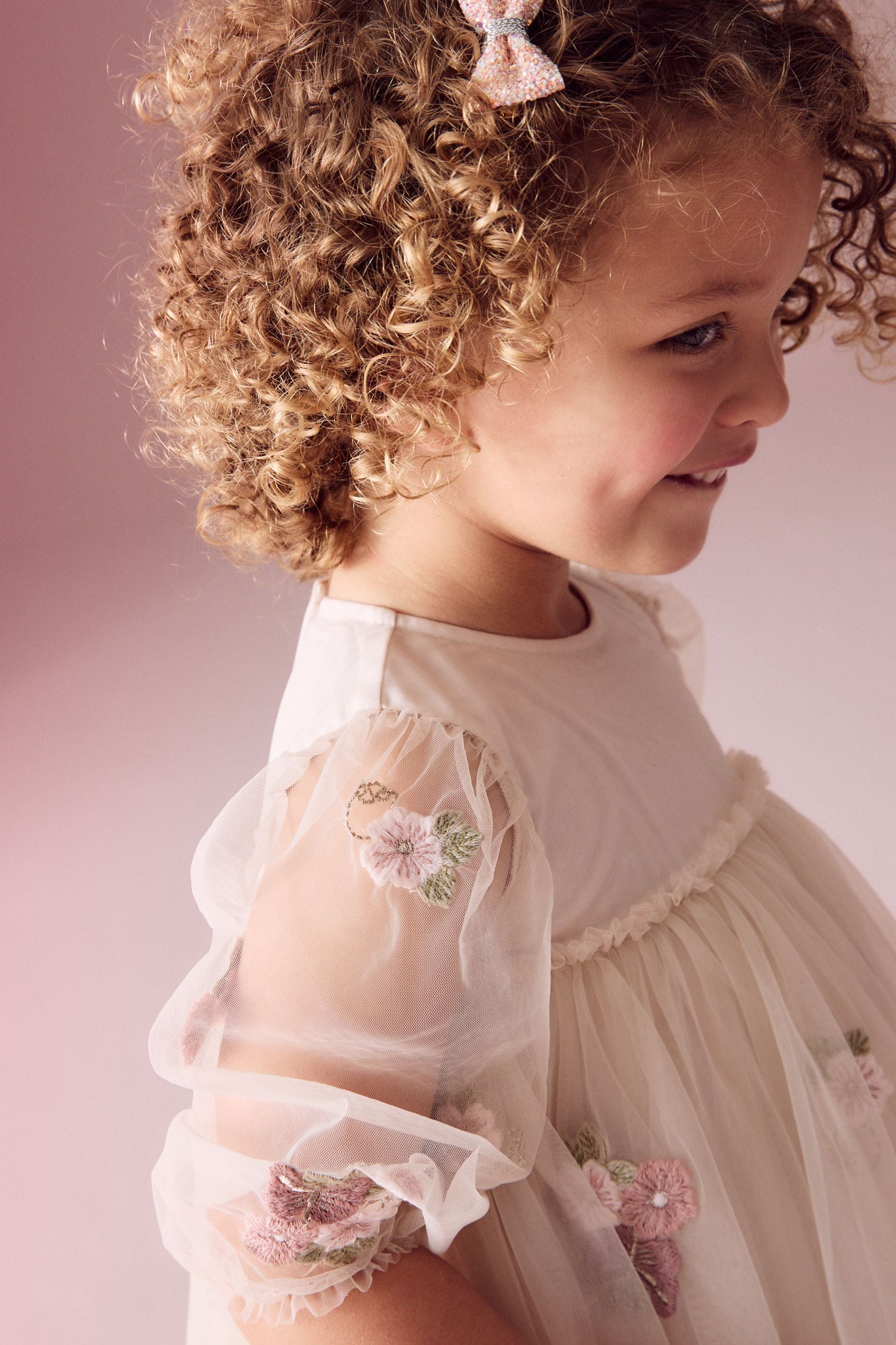 Cream Embroidered Long Sleeve Mesh Dress (3mths-8yrs)