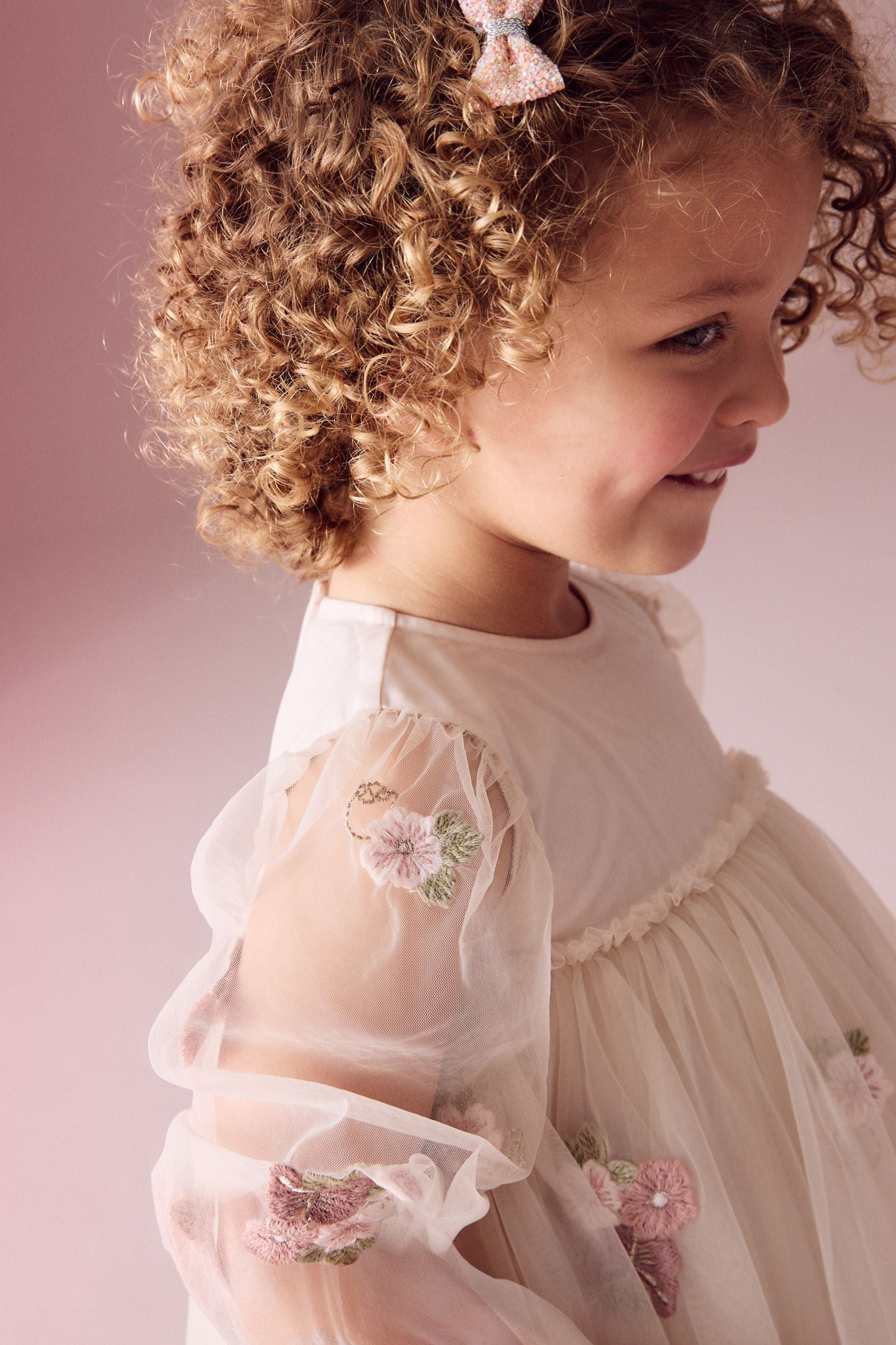 Cream Embroidered Long Sleeve Mesh Dress (3mths-8yrs)