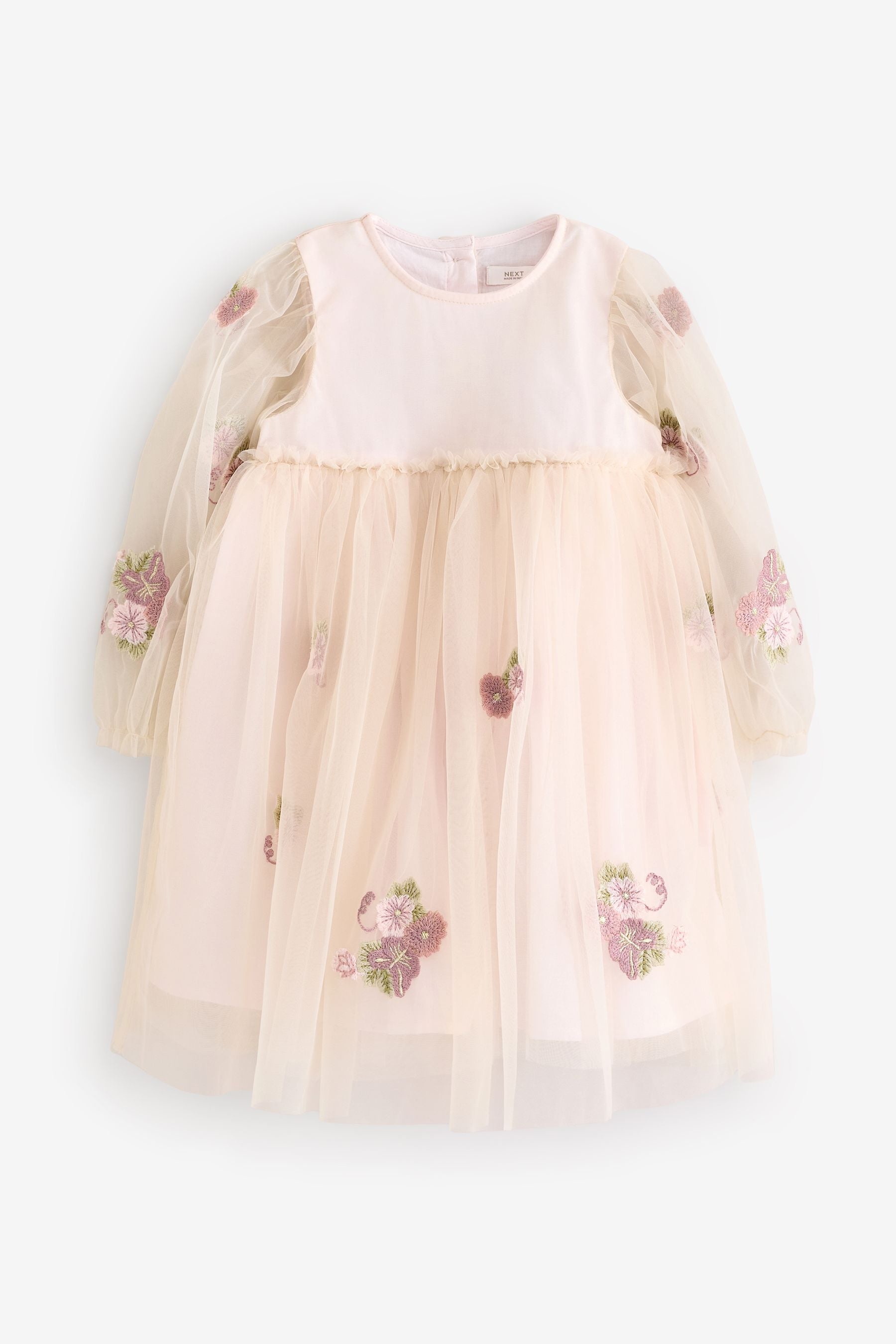 Cream Embroidered Long Sleeve Mesh Dress (3mths-8yrs)