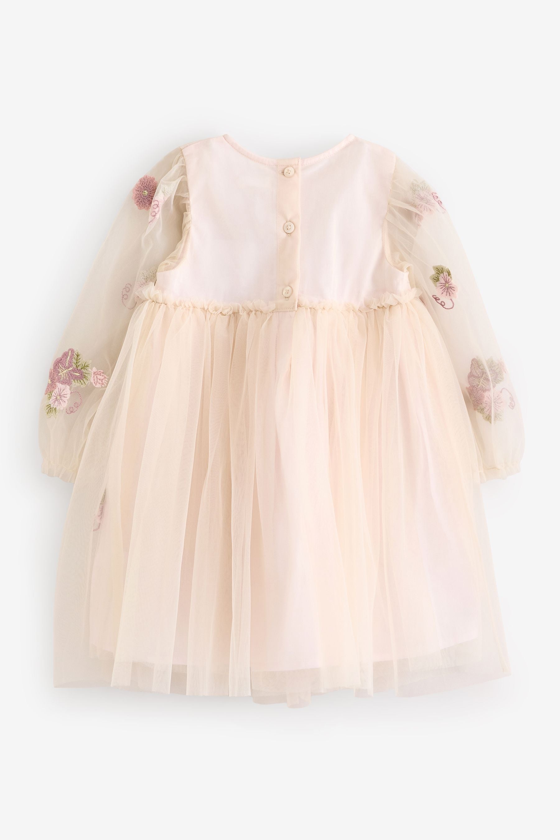 Cream Embroidered Long Sleeve Mesh Dress (3mths-8yrs)