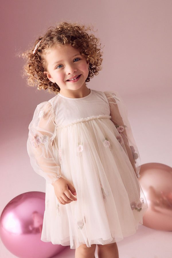 Cream Embroidered Long Sleeve Mesh Dress (3mths-8yrs)