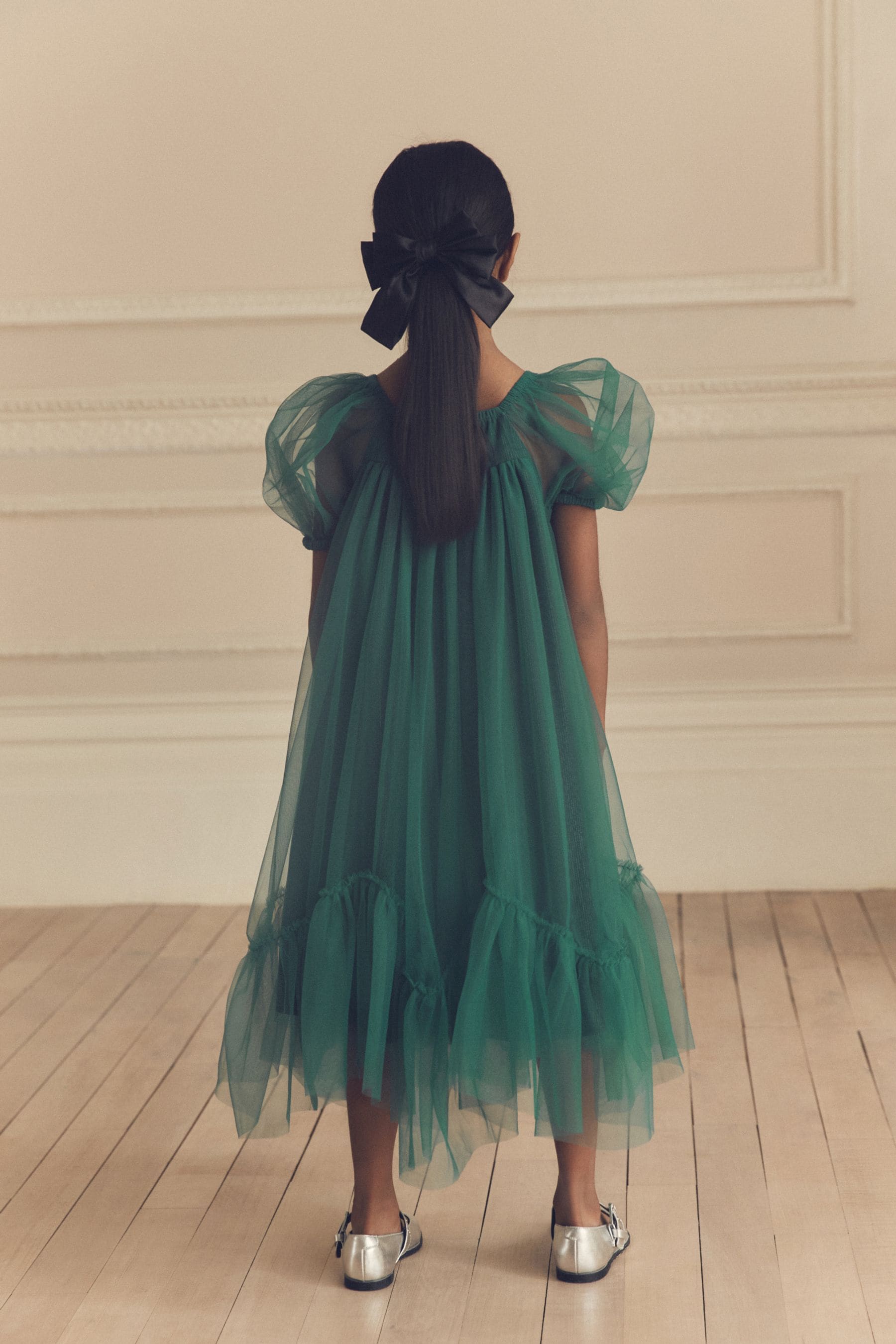 Green Bow Detail Sparkle Mesh Dress (3-16yrs)