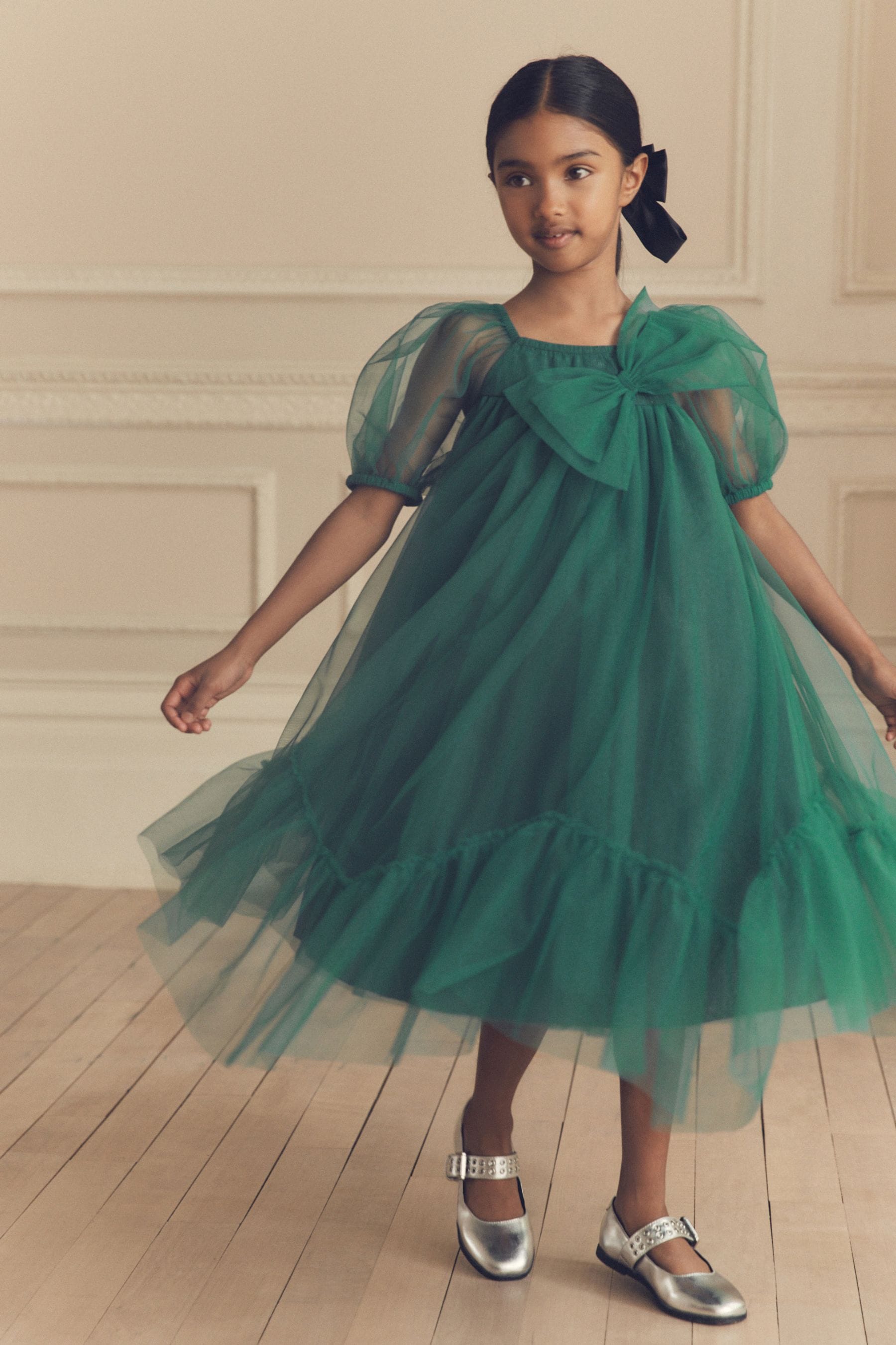 Green Bow Detail Sparkle Mesh Dress (3-16yrs)