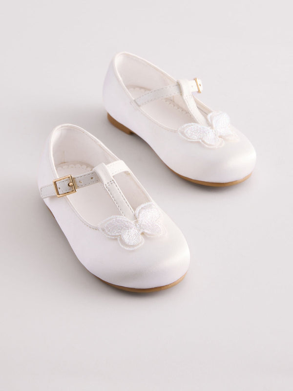 White Butterfly Satin Bridesmaid T-Bar Occasion Shoes