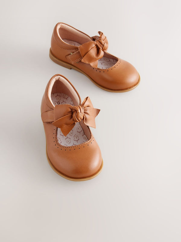 Tan Brown Bow Leather Touch Fastening Shoes