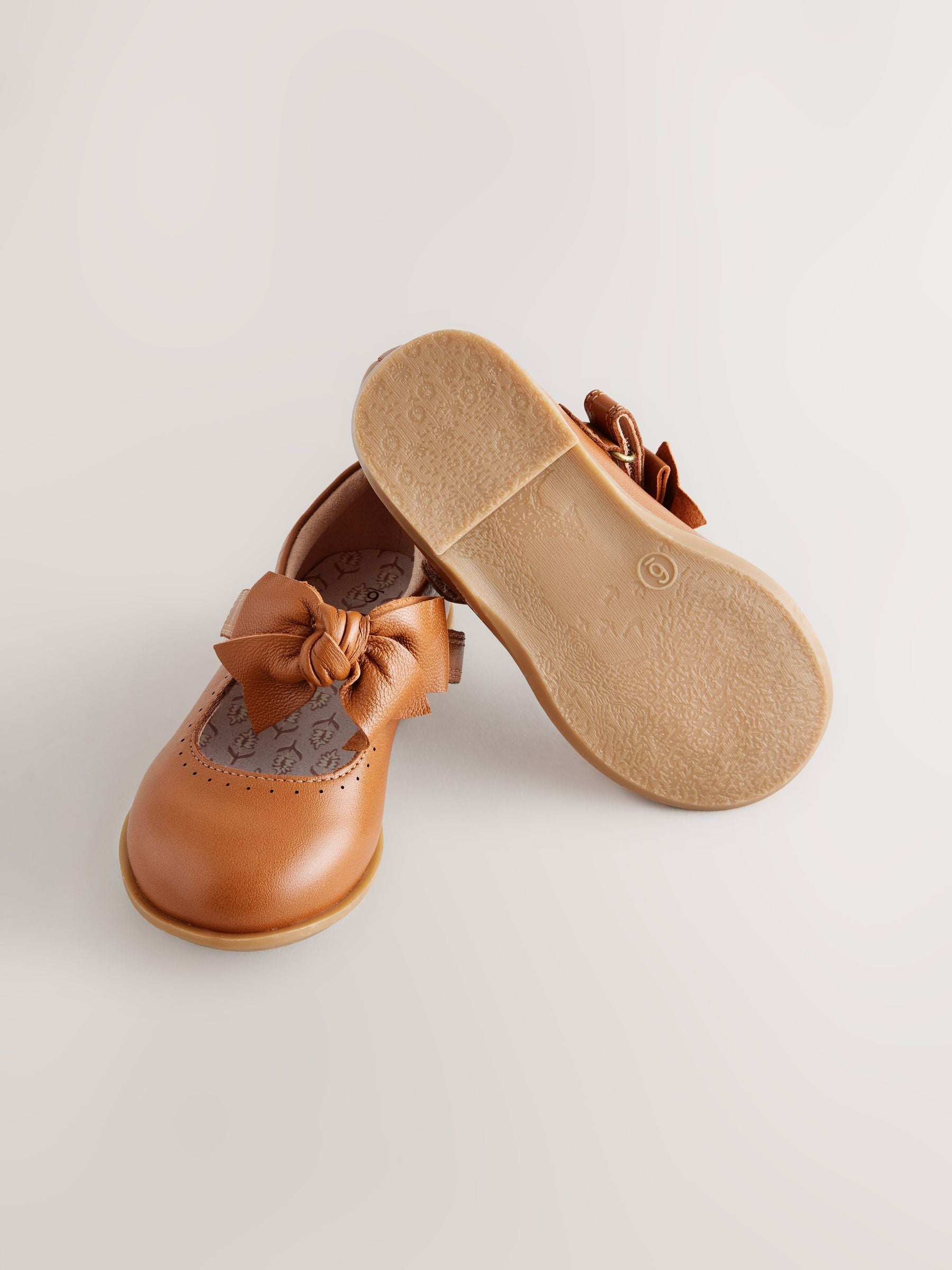 Tan Brown Bow Leather Touch Fastening Shoes