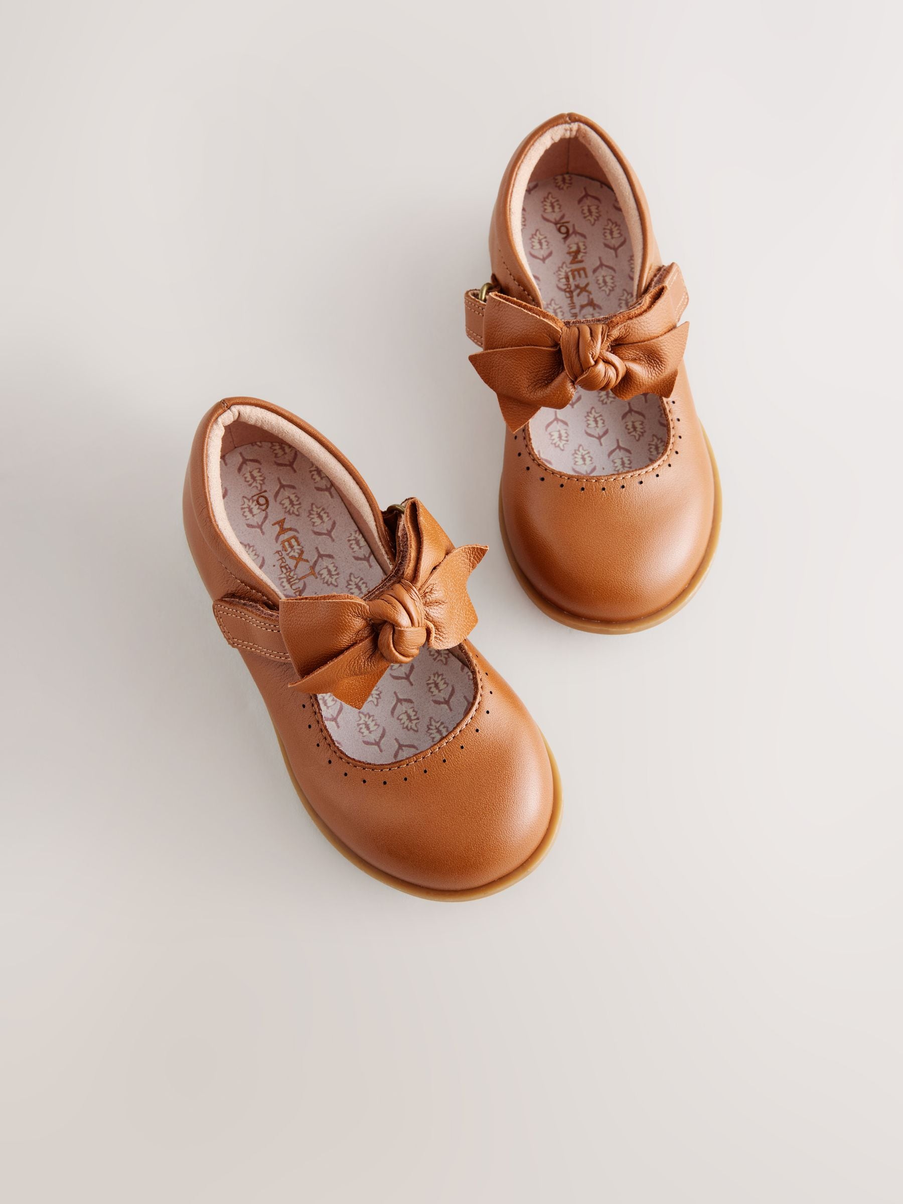 Tan Brown Bow Leather Touch Fastening Shoes