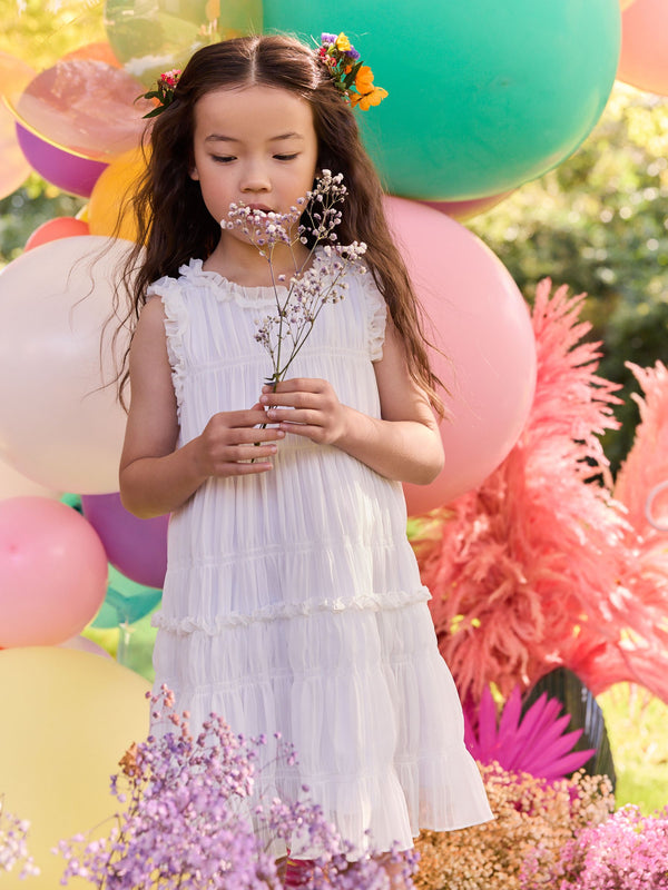 White Shirred Ruffle Party Dress (3-16yrs)