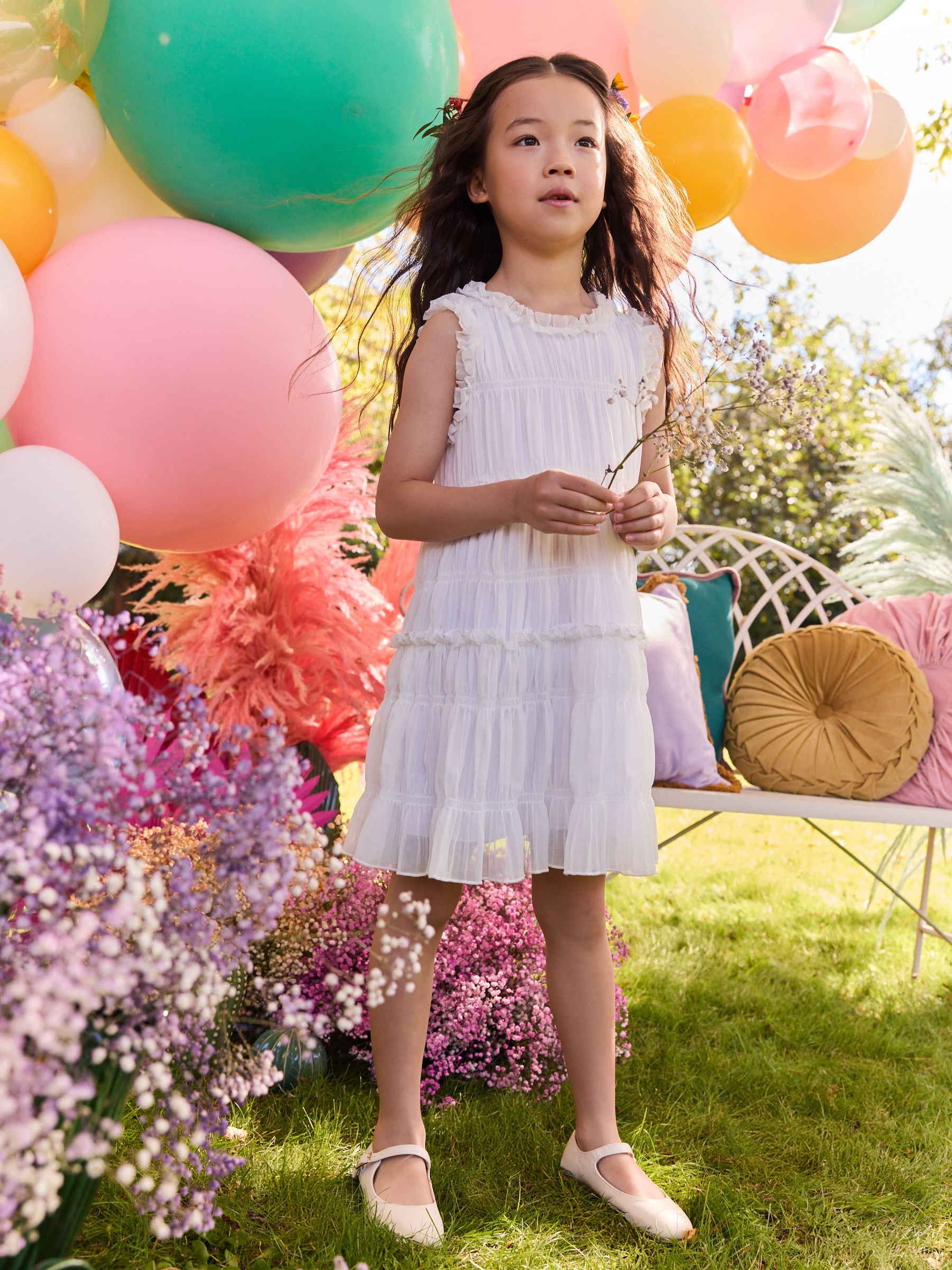 White Shirred Ruffle Party Dress (3-16yrs)