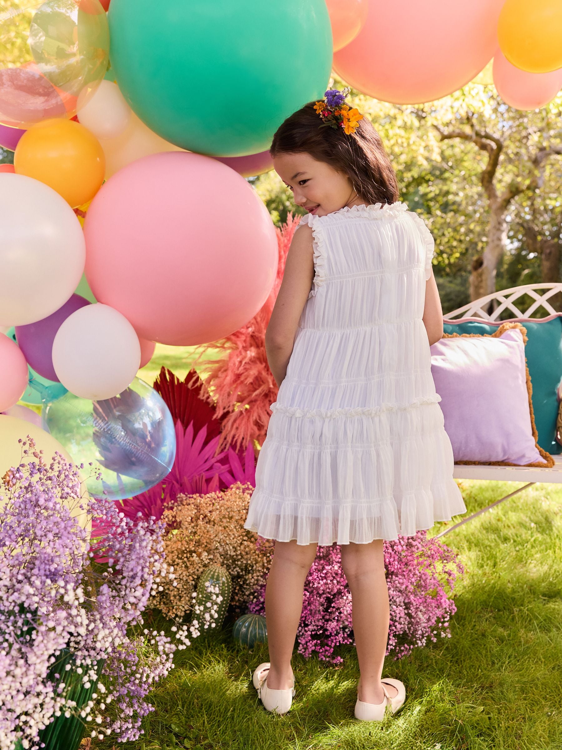 White Shirred Ruffle Party Dress (3-16yrs)