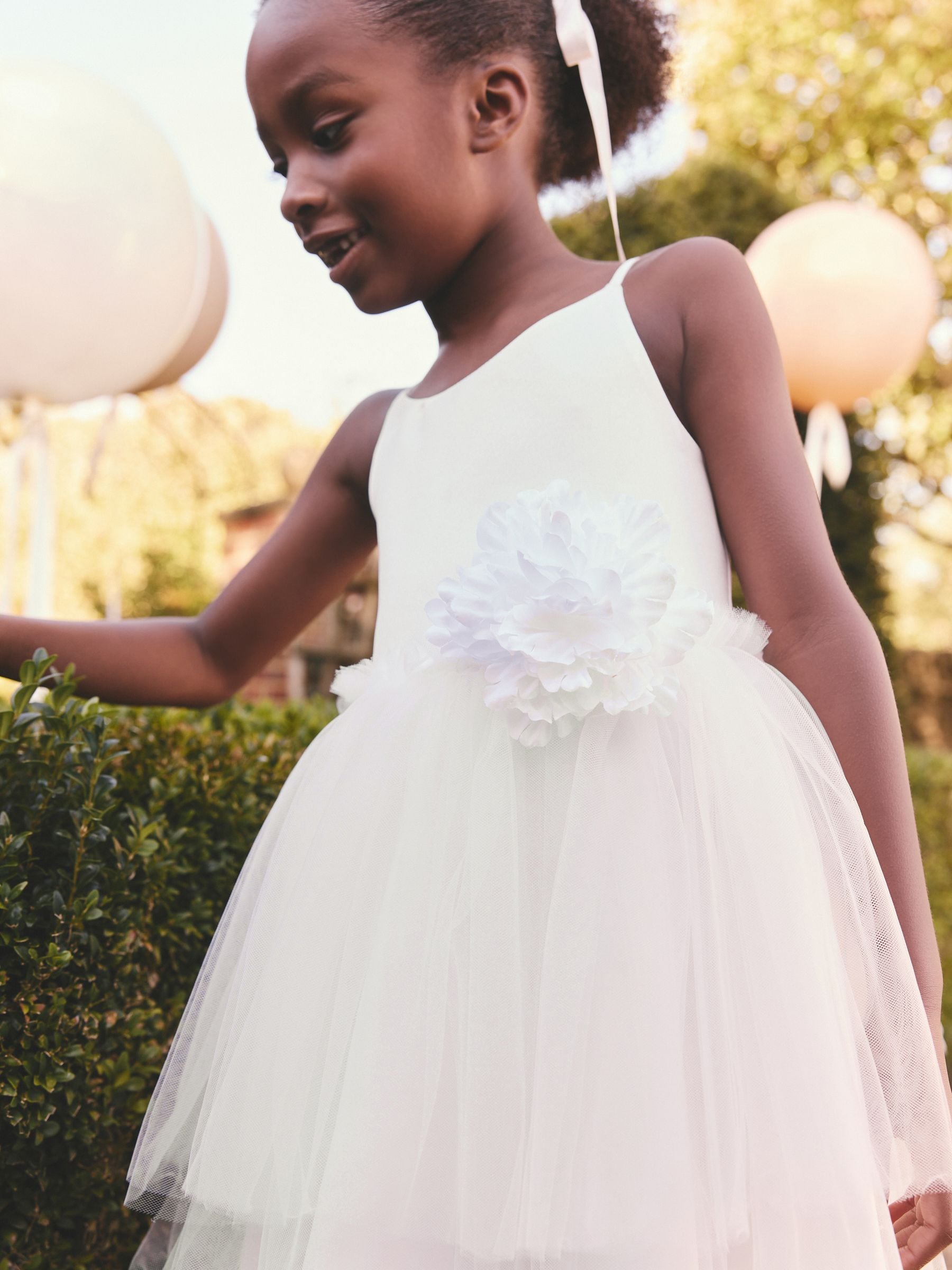 White Corsage Tulle Bridesmaid Dress (3-16yrs)