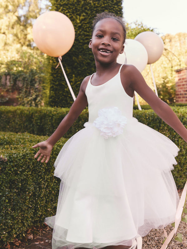 White Corsage Tulle Bridesmaid Dress (3-16yrs)