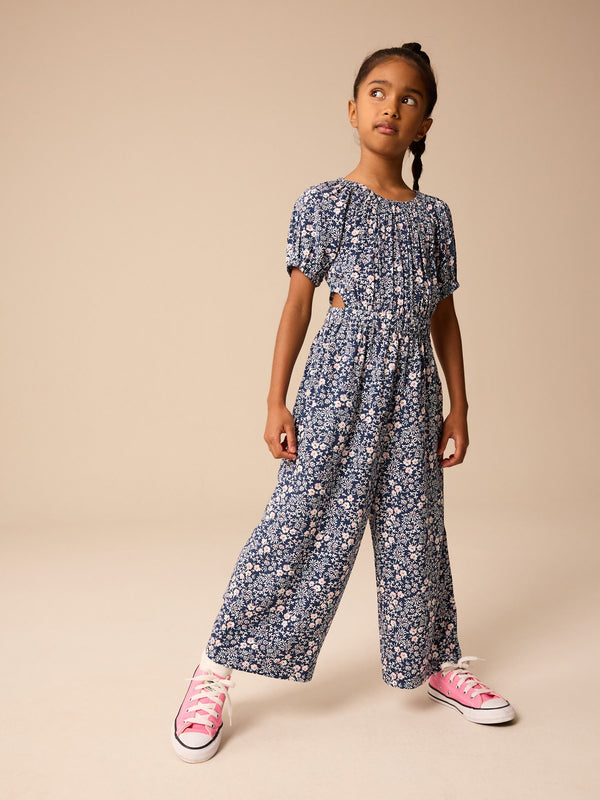 Navy Blue Ditsy Cut Out Jumpsuit (3-16yrs)