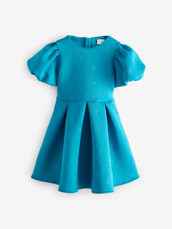 Baker by Ted Baker Teal Blue Puff Sleeve Embossed Scuba Dress