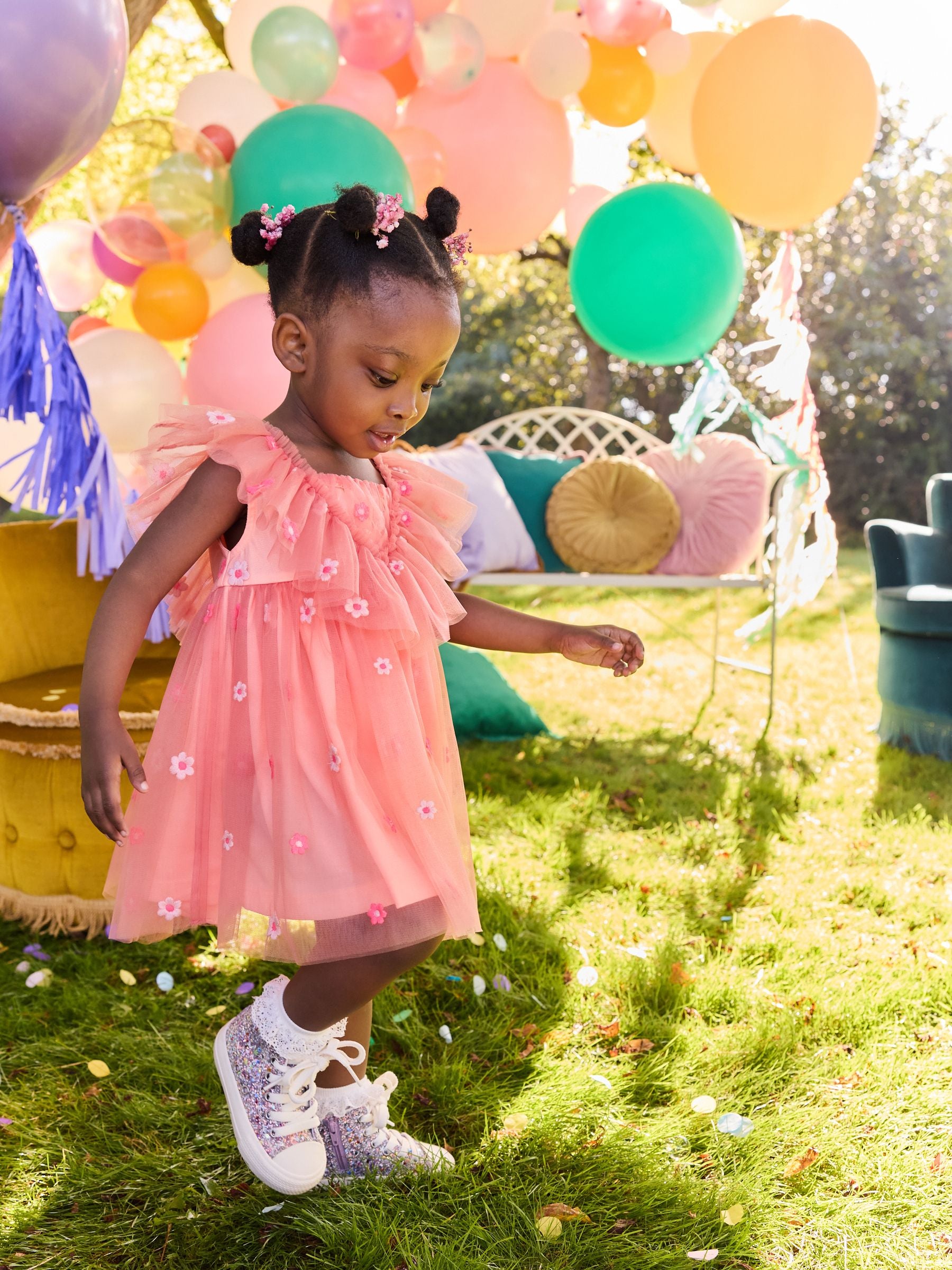 Coral Pink Embroidered Mesh Party Dress (3mths-8yrs)