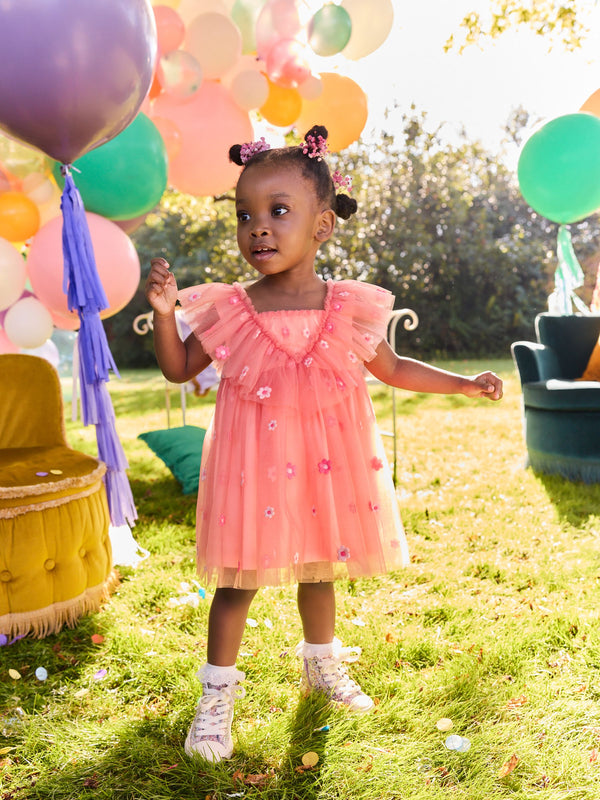 Coral Pink Embroidered Mesh Party Dress (3mths-8yrs)