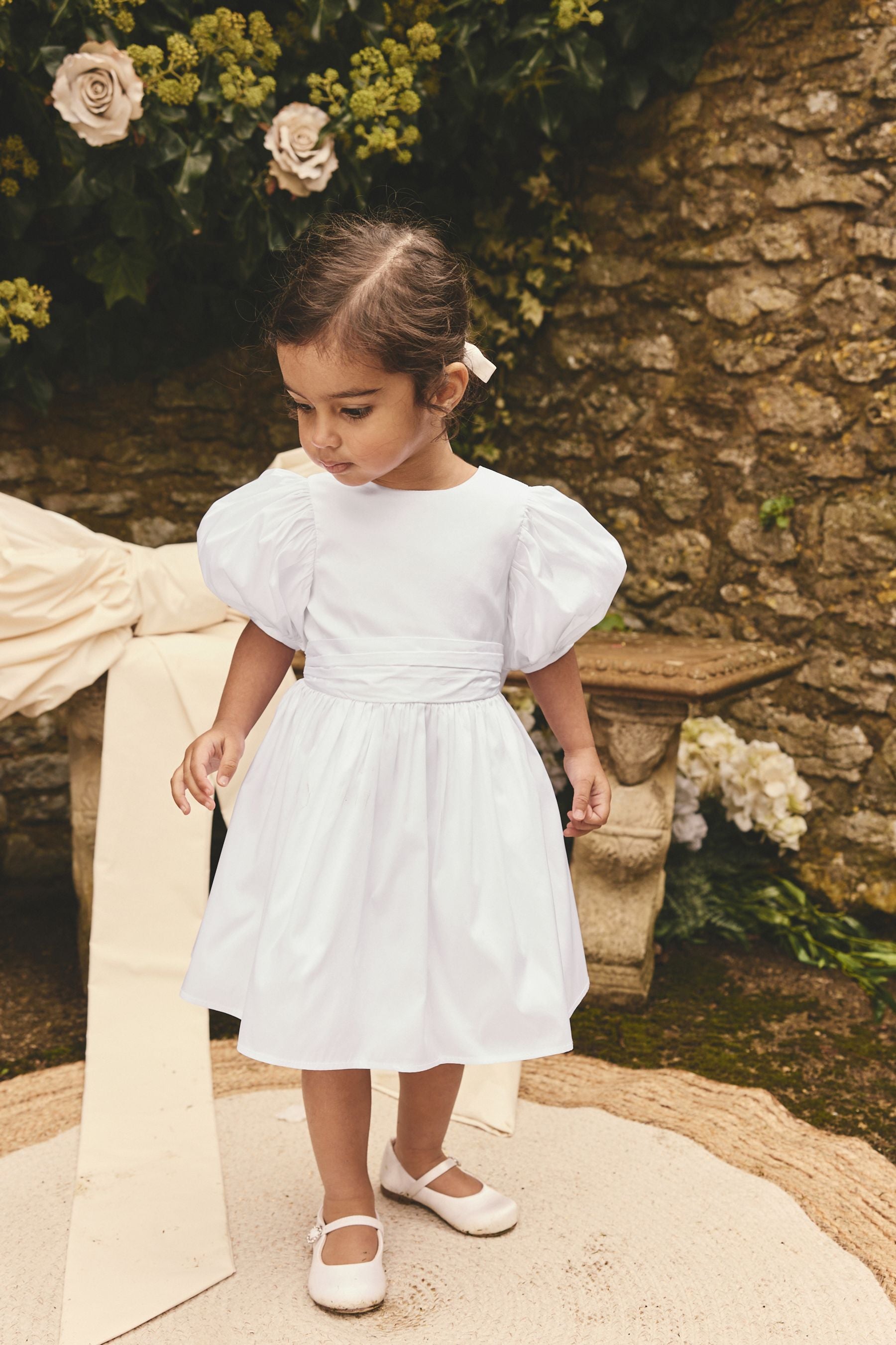 White Girl Taffeta Flower Print Bow Dress (3mths-8yrs)