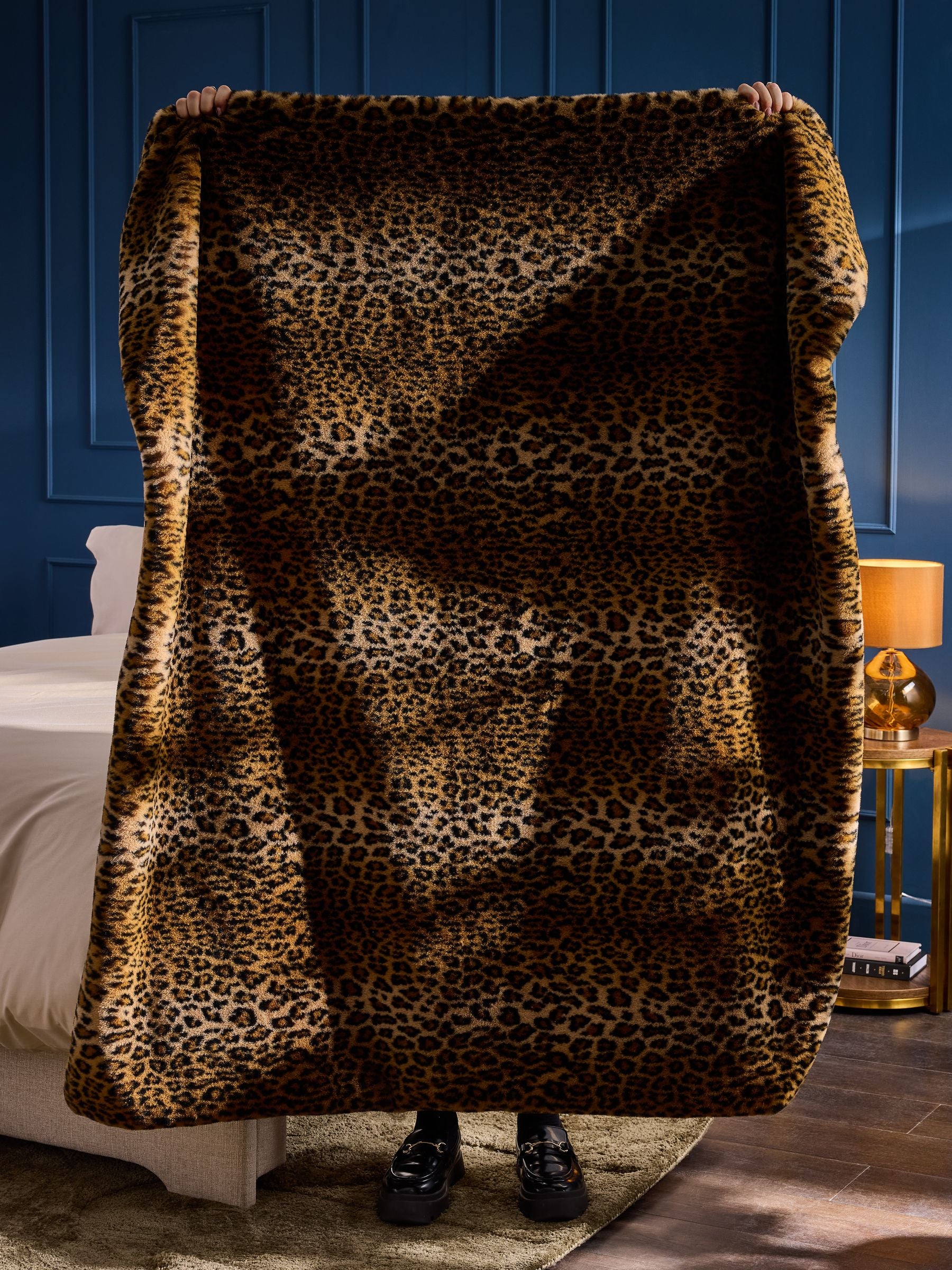 Black Leopard Plush Faux Fur Throw