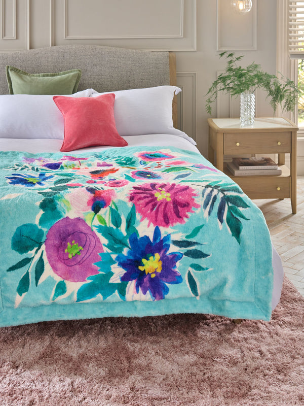 Teal Blue Floral Print Plush Faux Fur Throw