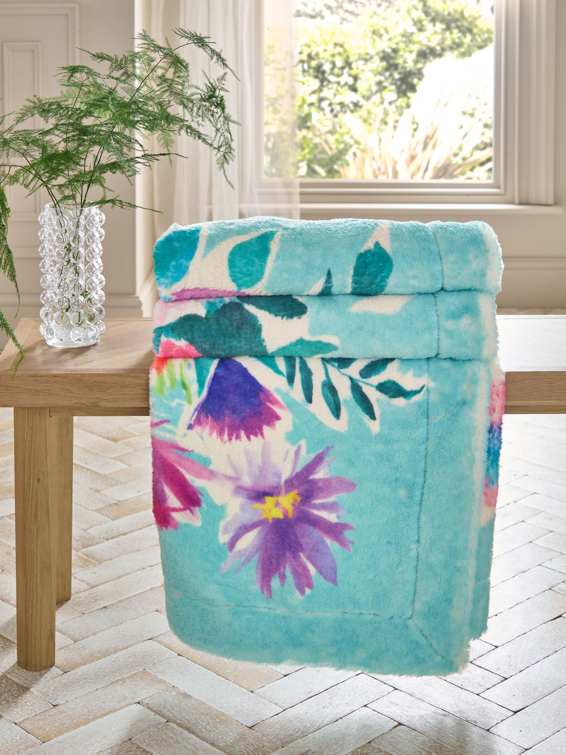 Teal Blue Floral Print Plush Faux Fur Throw