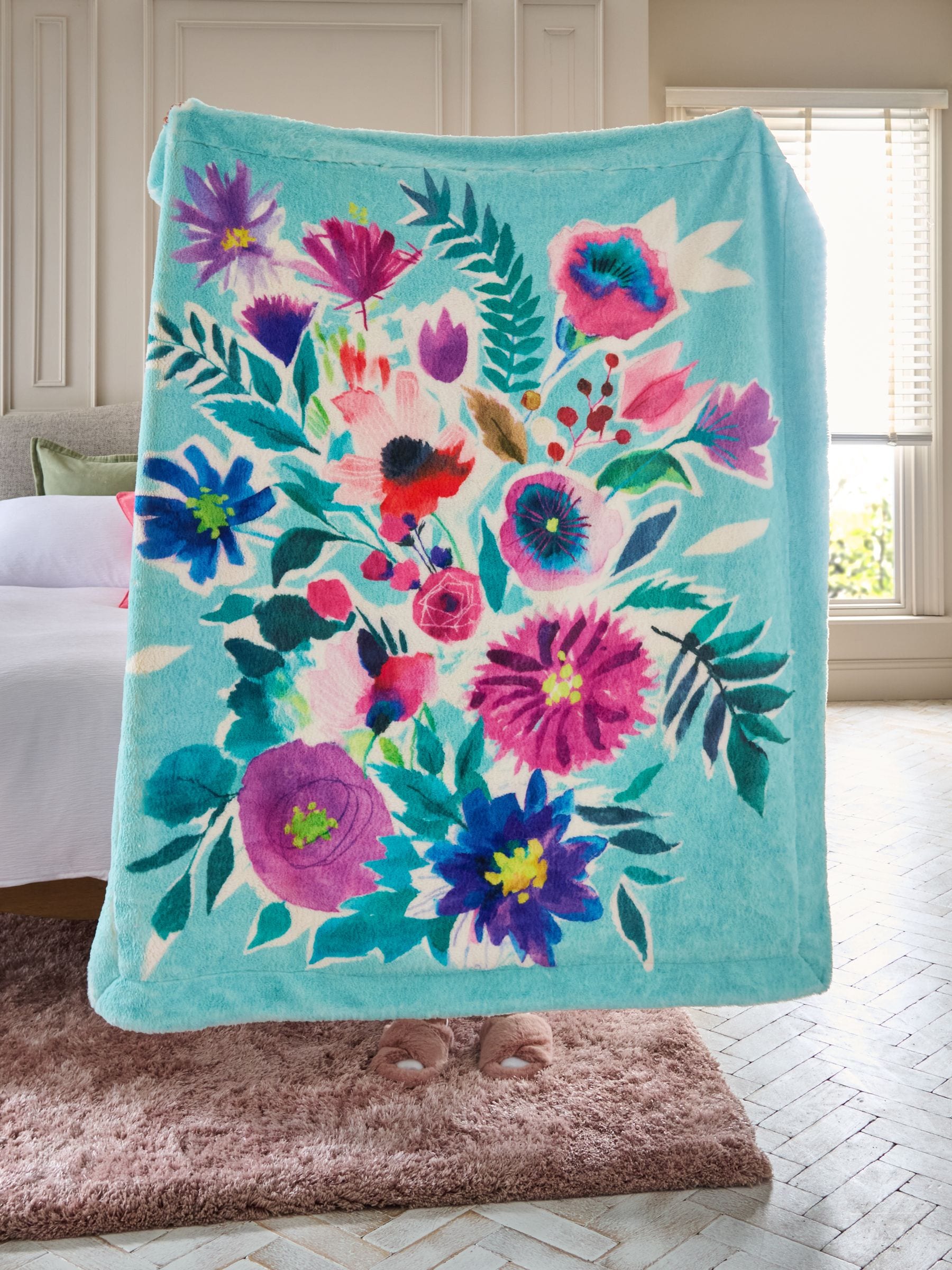 Teal Blue Floral Print Plush Faux Fur Throw