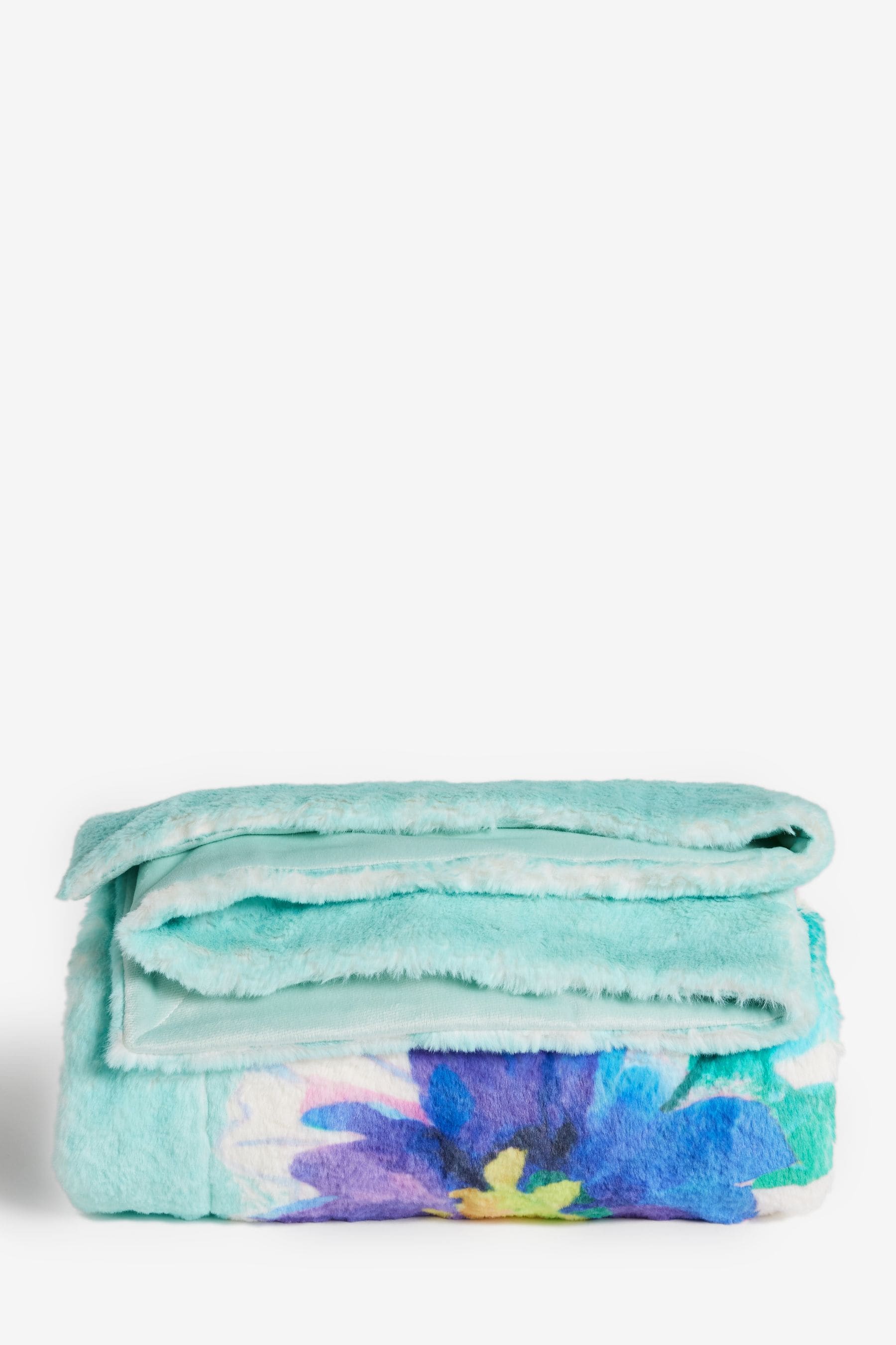 Teal Blue Floral Print Plush Faux Fur Throw