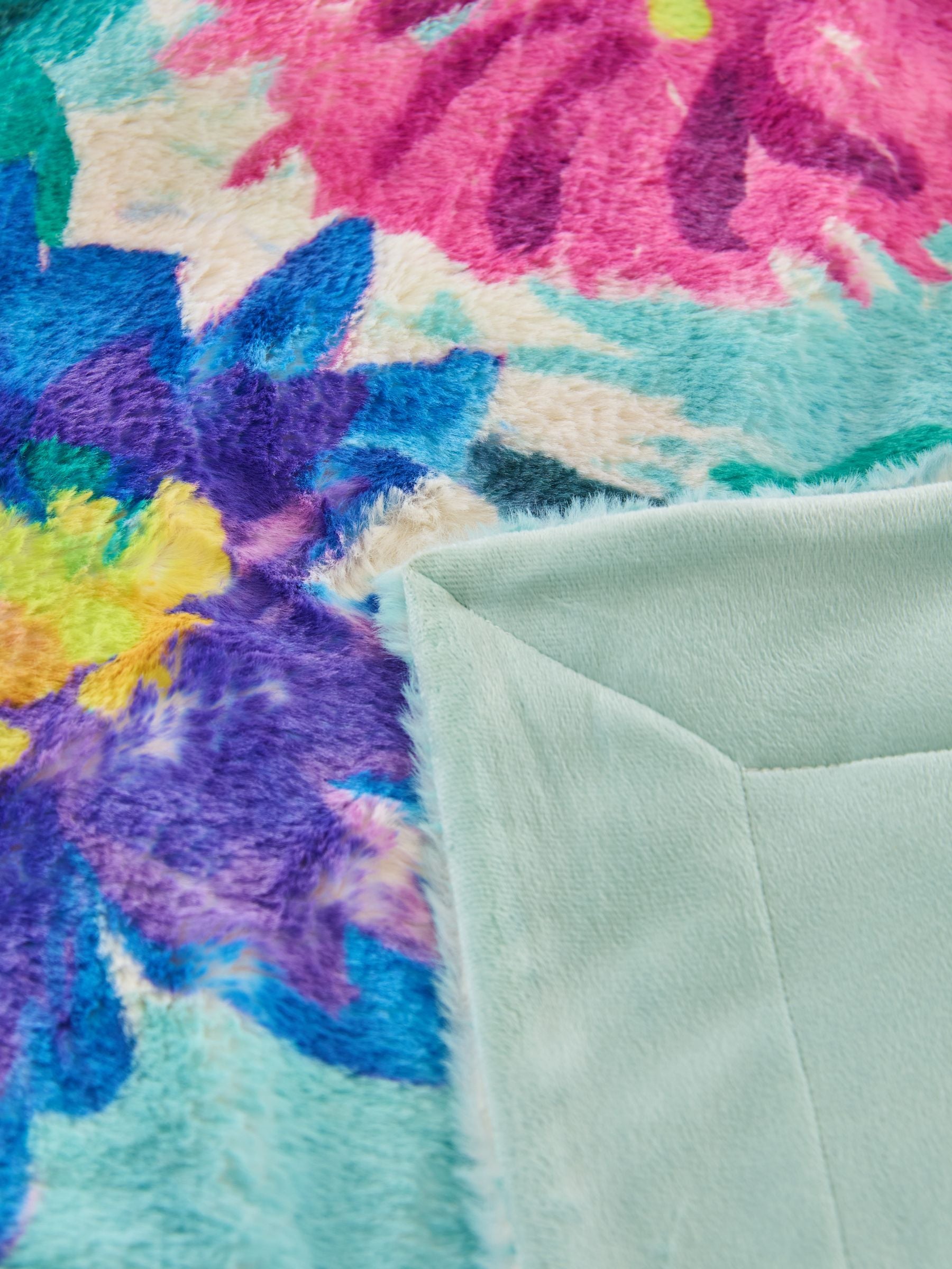 Teal Blue Floral Print Plush Faux Fur Throw