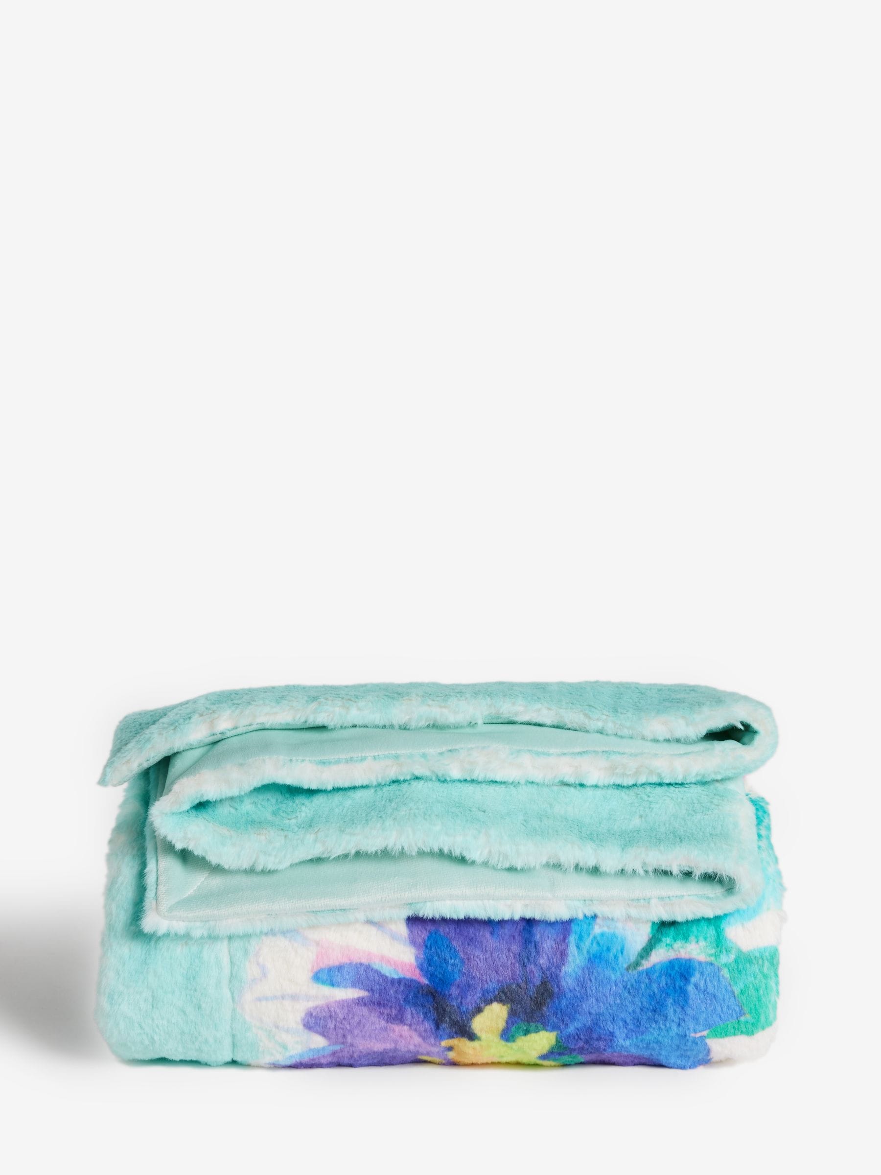 Teal Blue Floral Print Plush Faux Fur Throw