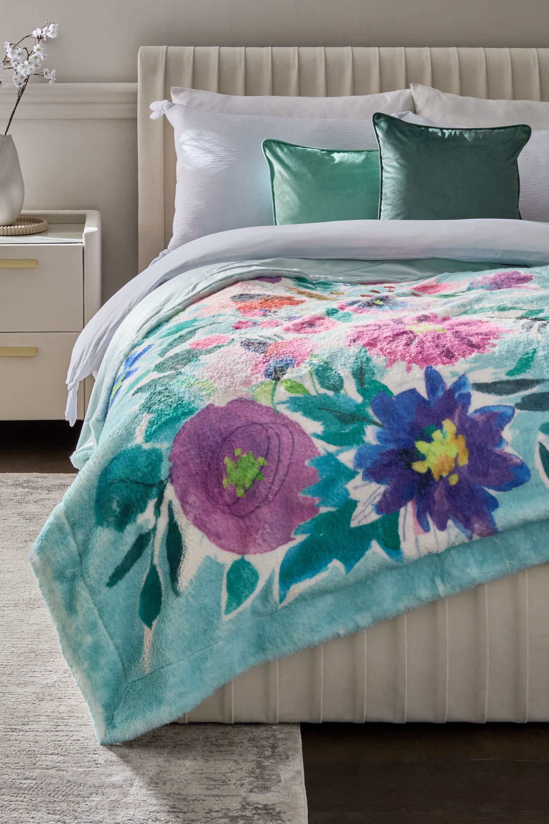 Teal Blue Floral Print Plush Faux Fur Throw