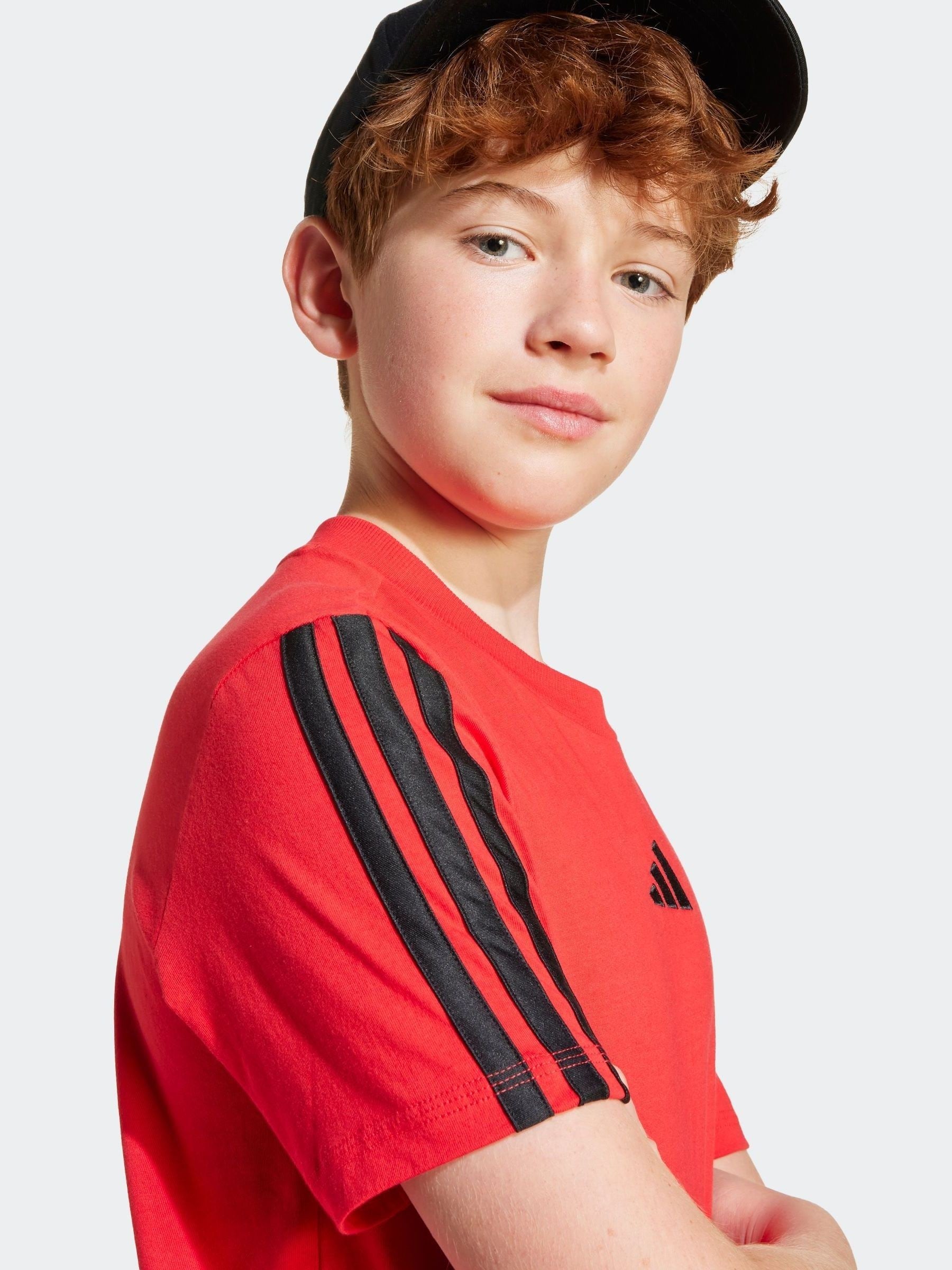 adidas Red Essentials 3 Stripes 100% Cotton T-Shirt