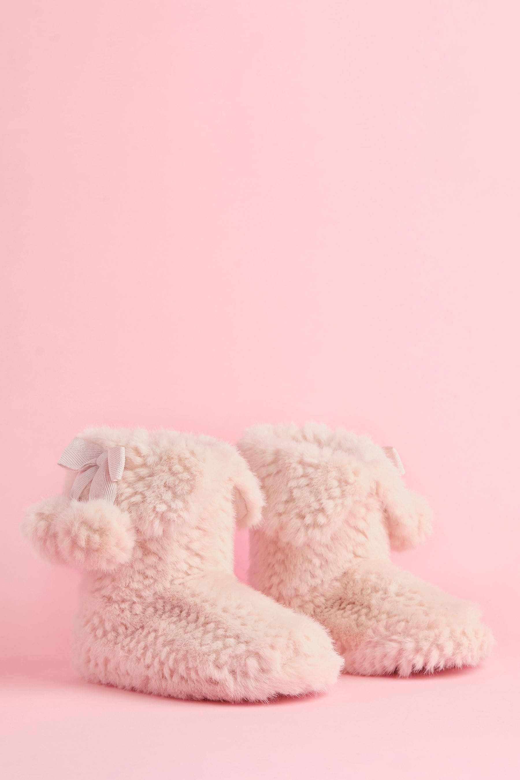 Lipsy Pink Cosy Faux Fur Pom Pom Bootie Nightwear Slippers