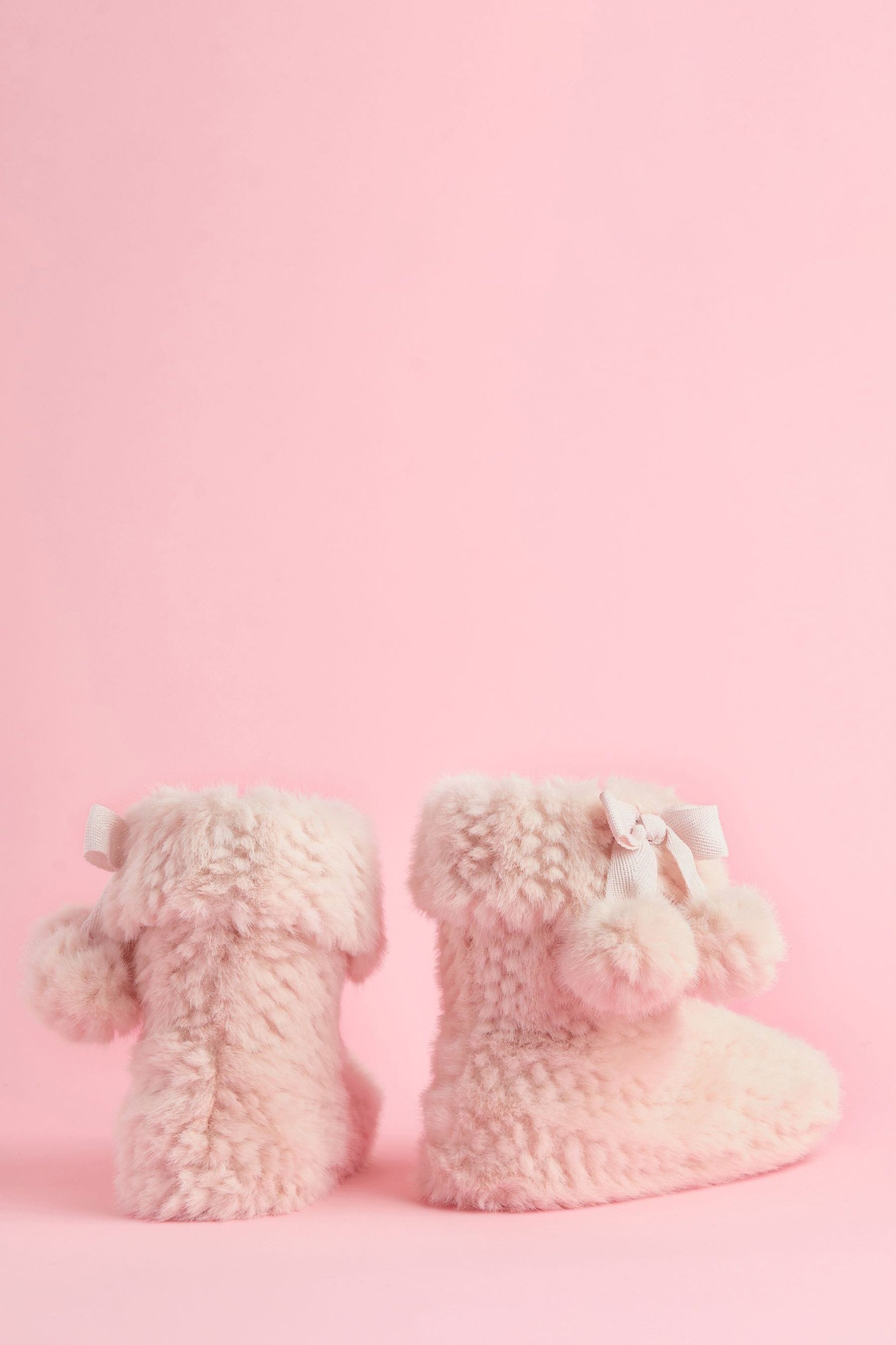 Lipsy Pink Cosy Faux Fur Pom Pom Bootie Nightwear Slippers