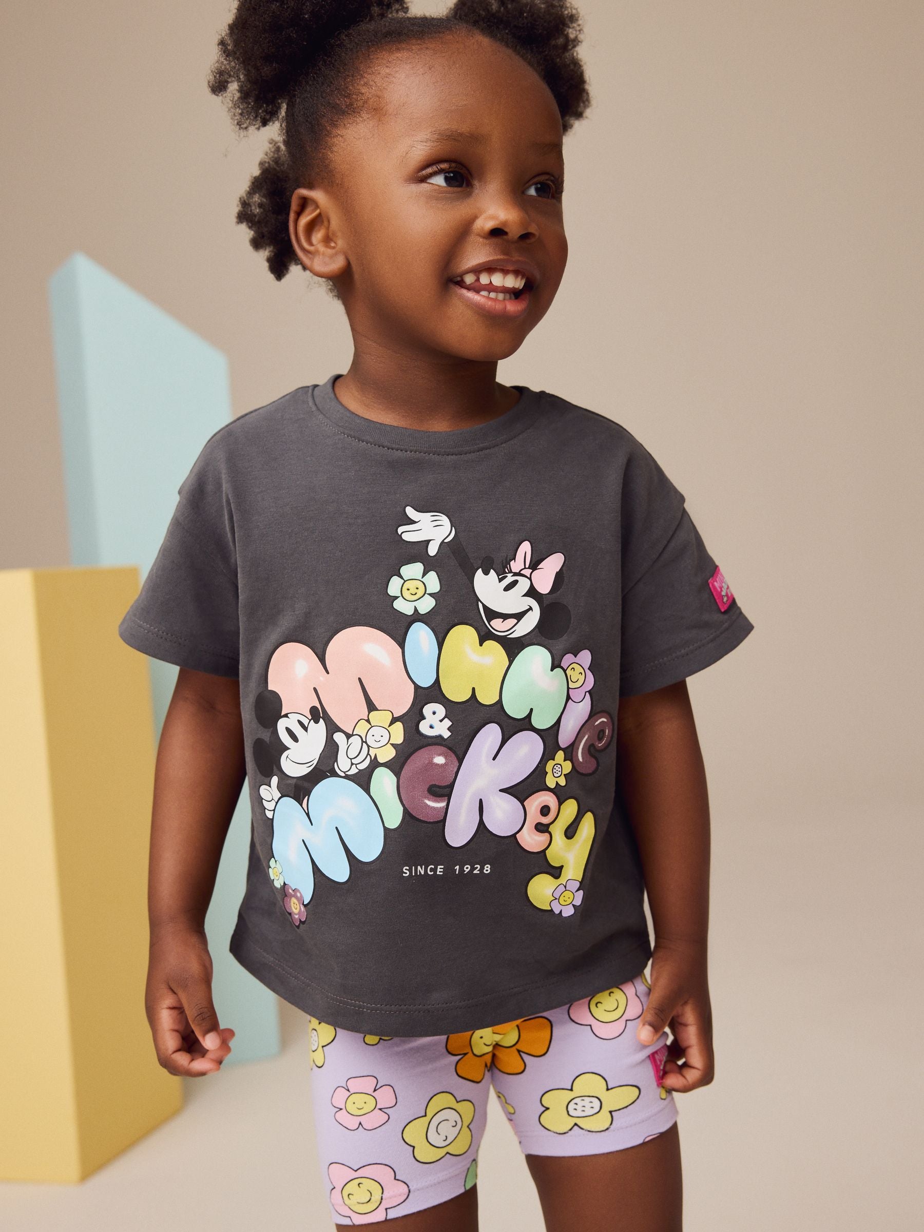 Charcoal Grey Mickey & Minnie Mouse Short Sleeve 100% Cotton T-Shirt and Cycle Shorts Set (3mths-7yrs)