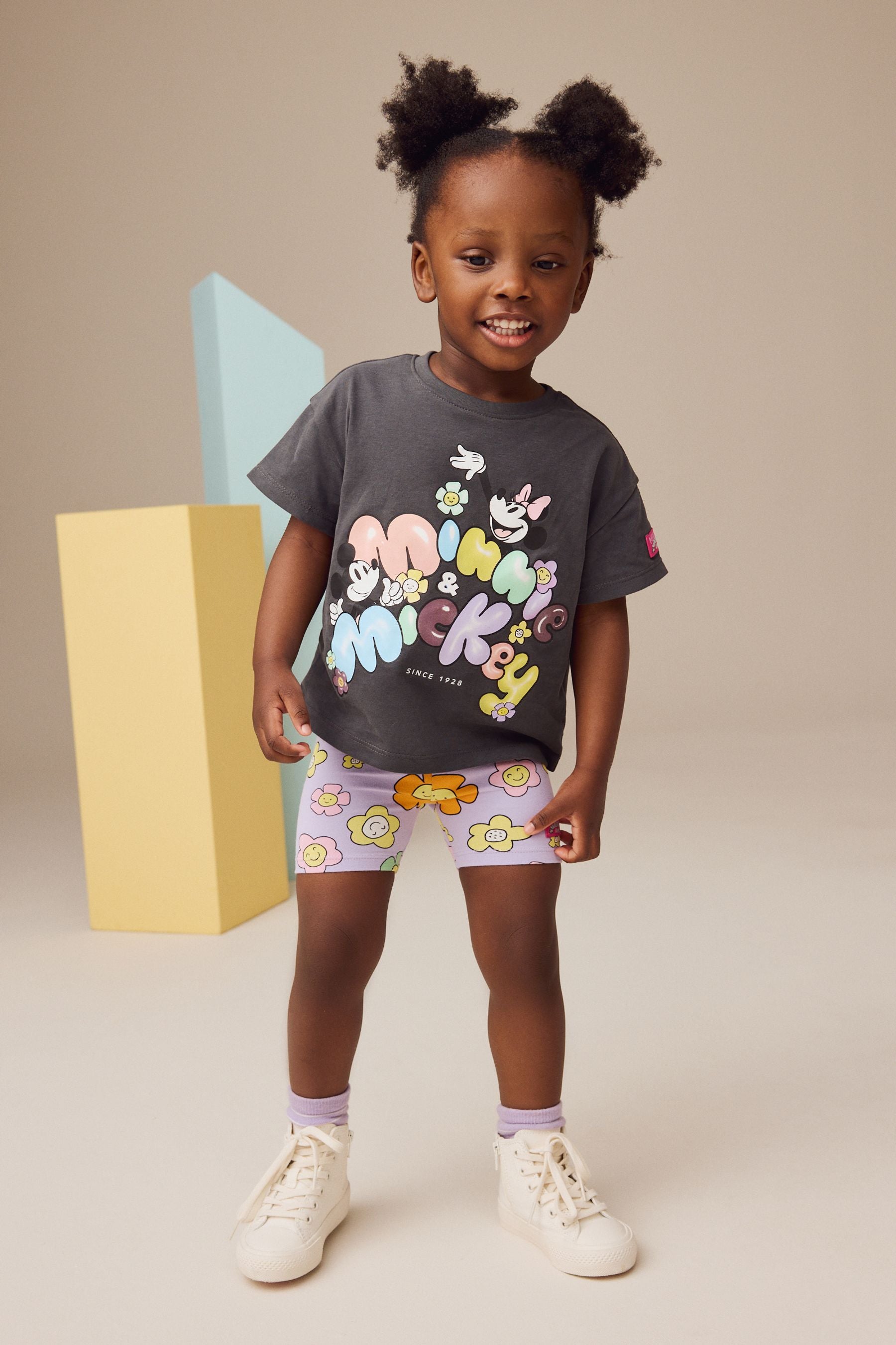 Charcoal Grey Mickey & Minnie Mouse Short Sleeve T-Shirt and Cycle Shorts Set (3mths-7yrs)