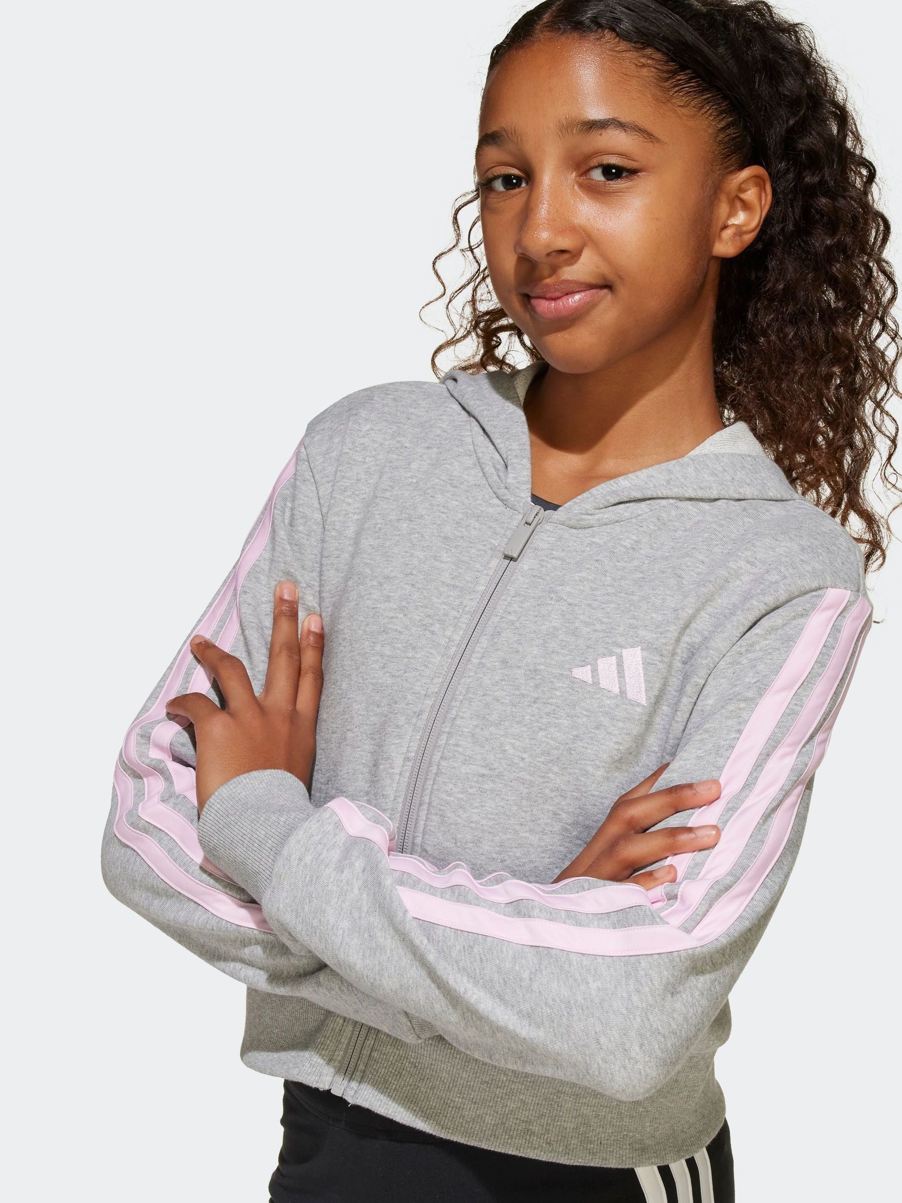 adidas Grey 3 Stripe Essentials Hoodie