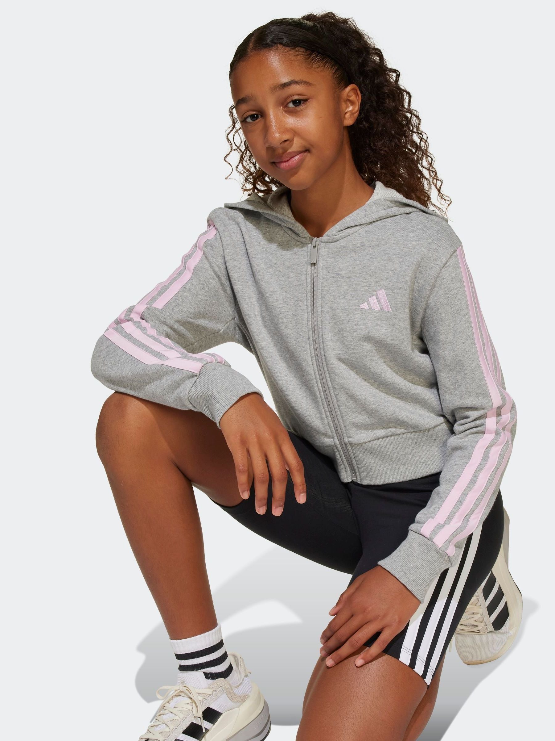 adidas Grey 3 Stripe Essentials Hoodie