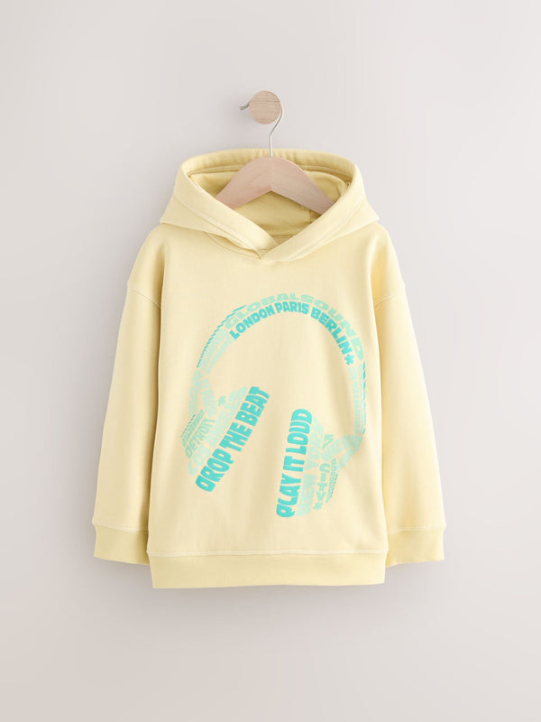 Yellow Headphone Graphic 100% Cotton Hoodie (3-16yrs)