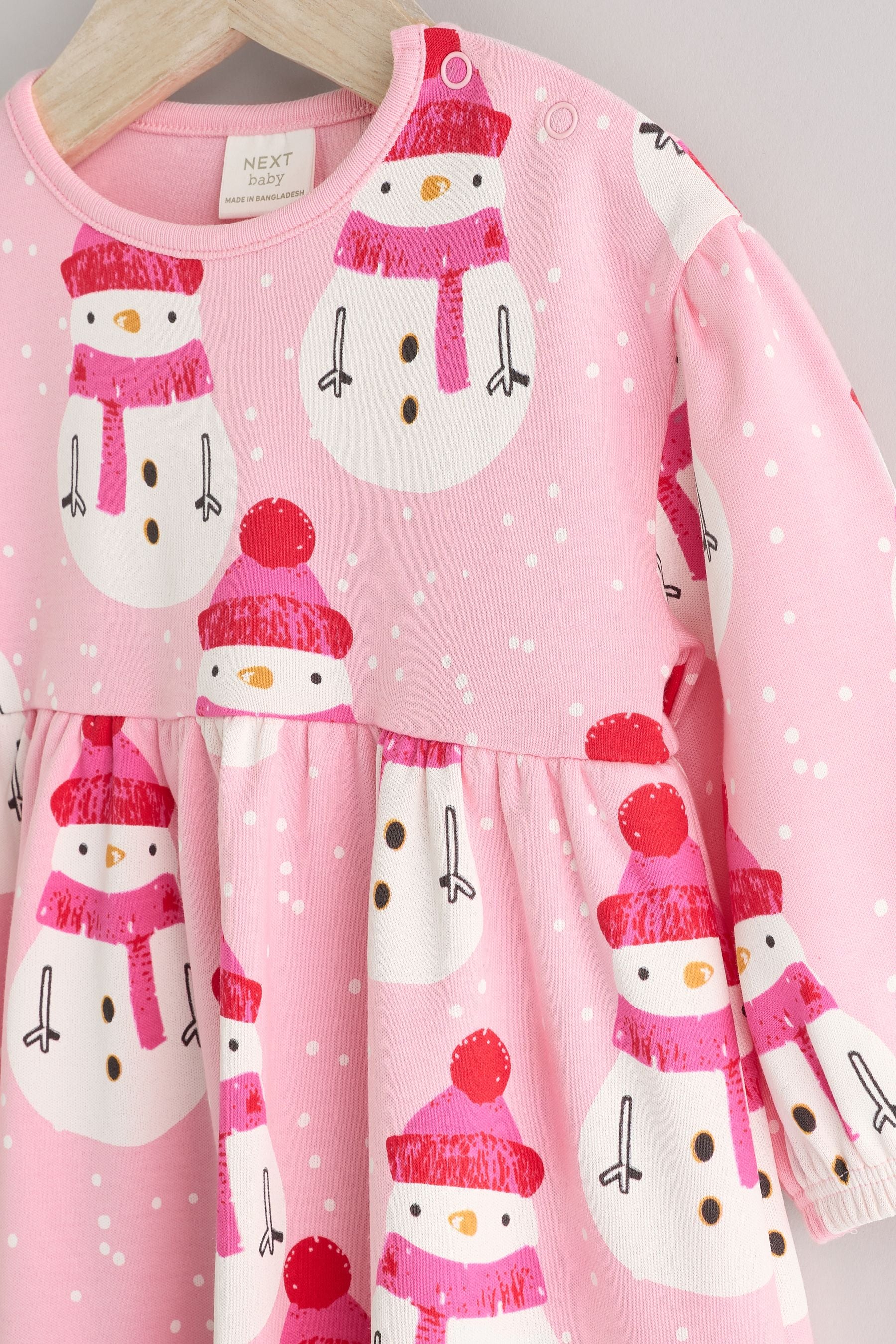 Pink Snowman Christmas Baby Jersey 100% Cotton Dress With Tights Set (0mths-2yrs)