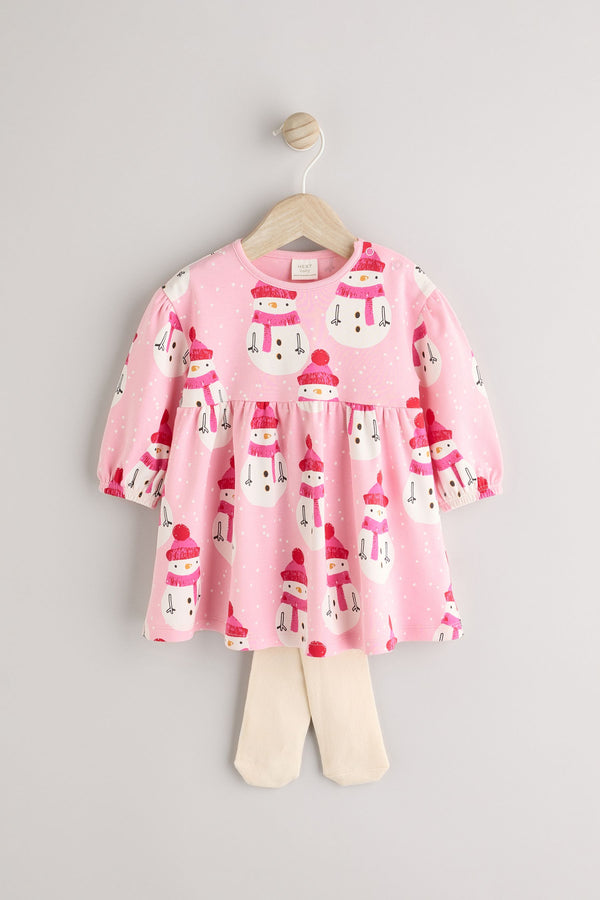 Pink Snowman Christmas Baby Jersey 100% Cotton Dress With Tights Set (0mths-2yrs)