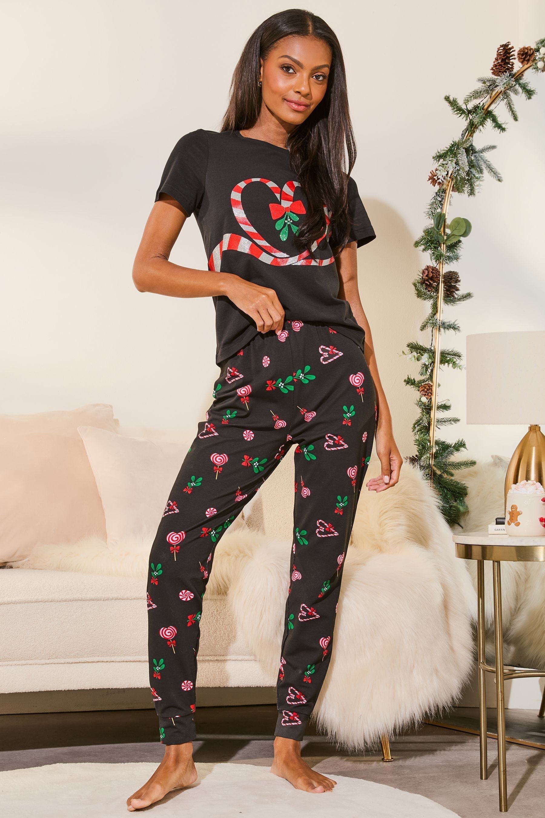 Black Candy Cane Christmas Jersey Pyjama Trousers Set